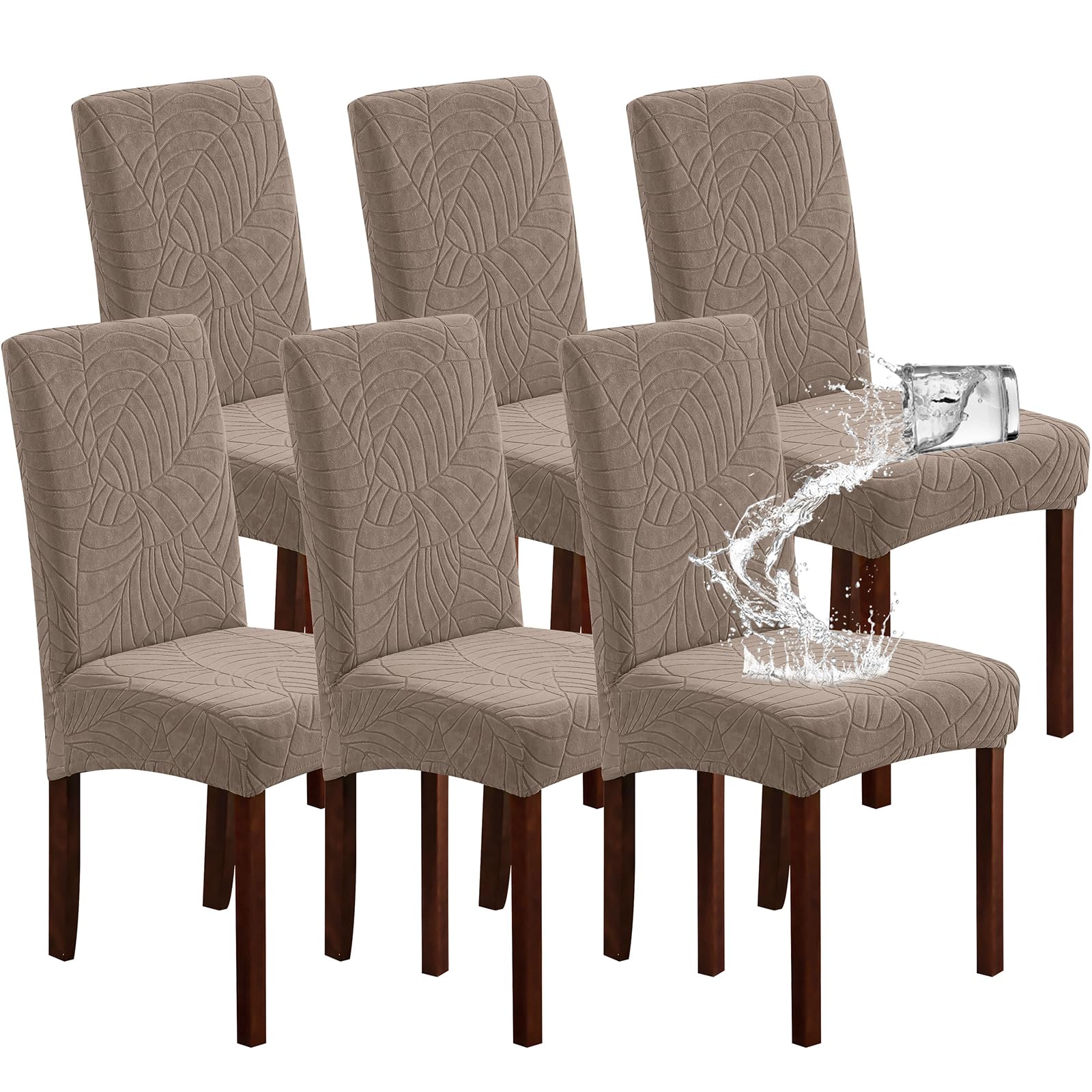 Genina 100% Waterproof Chair Covers for Dining Room Set of 4, Stretch Parson Chair Slipcovers for Kitchen Chairs, Washable Chair Protectors, Leaves-Warm Gray