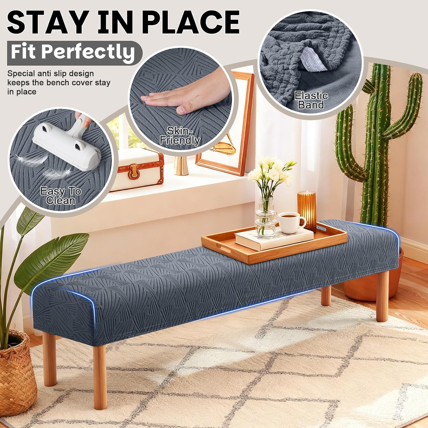 VANSOFY Dining Bench Cover, Stretch Jacaquard Bench Seat Cushion Covers, Rectangular Washable Bench Covers Slipcover for Dining Room, Bedroom, Kitchen, Living Room (Gray)