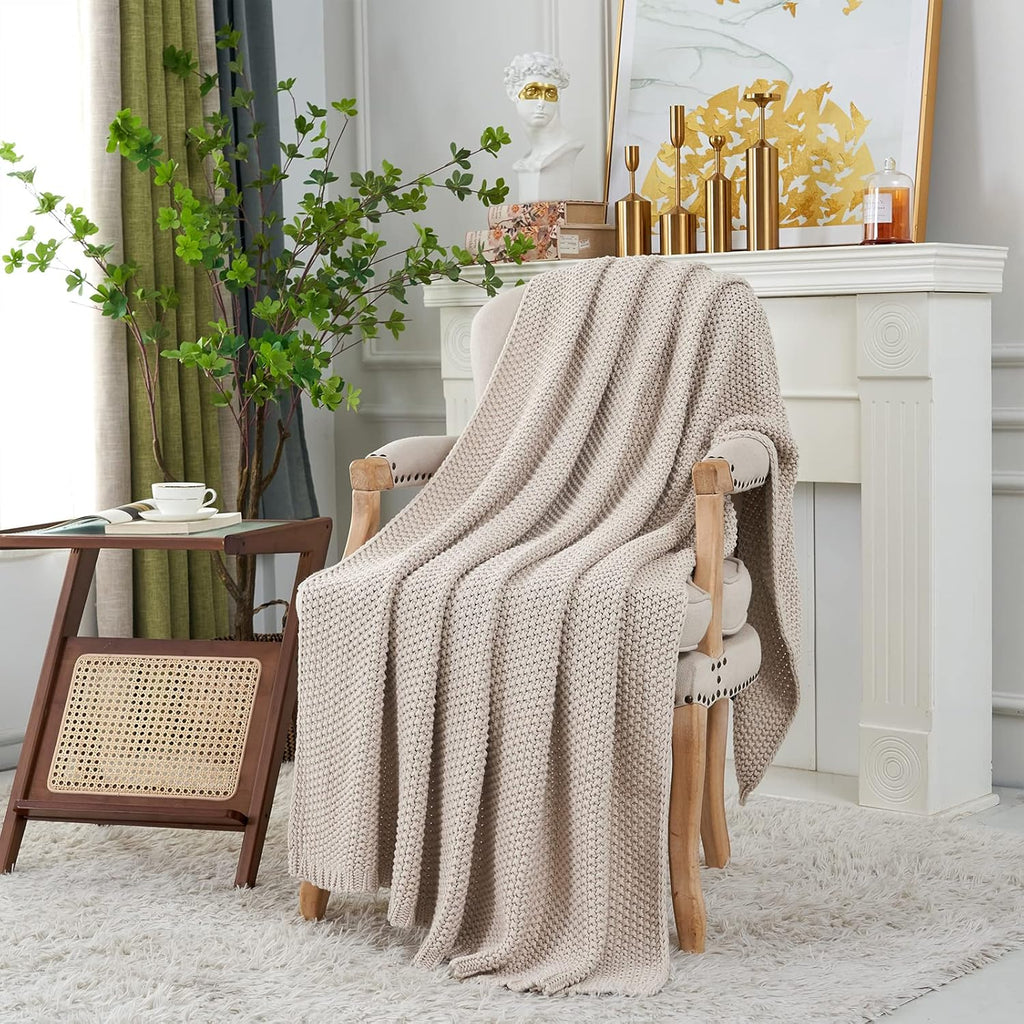 Chunky Cable Knit Throw Blanket Lightweight Beige 100% Organic Cotton Blanket for Sofa Couch Bed Baby Nursery, Rustic Shabby Chic Modern Farmhouse, 51” x 63” Give Laundering Bag