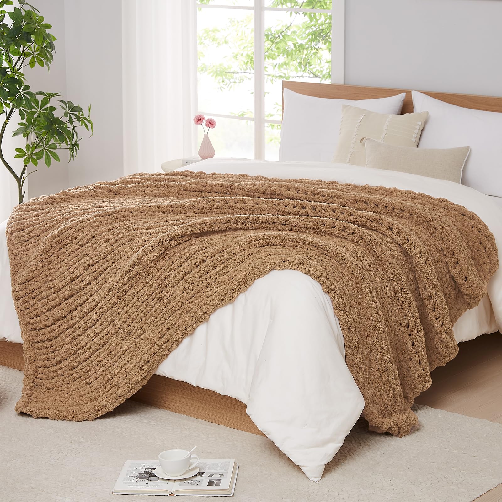 L'AGRATY Chunky Knit Blanket Throw,Soft Chenille Yarn Throw Blanket 50x60，Handmade Cable Knit Crochet Blanket,Large Knit Blankets Chunky Yarn,Rope Knot Throw Blanket for Couch Sofa Bed Home Decor