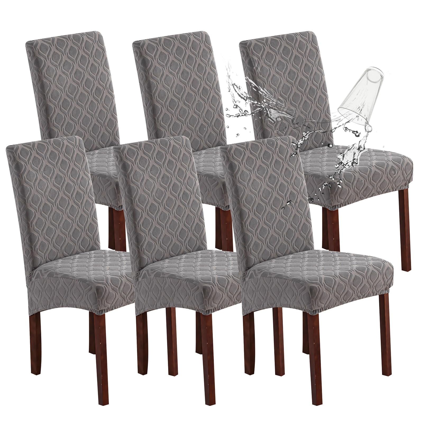 Genina 100% Waterproof Chair Covers for Dining Room Set of 4, Stretch Parson Chair Slipcovers for Kitchen Chairs, Washable Chair Protectors, Leaves-Warm Gray