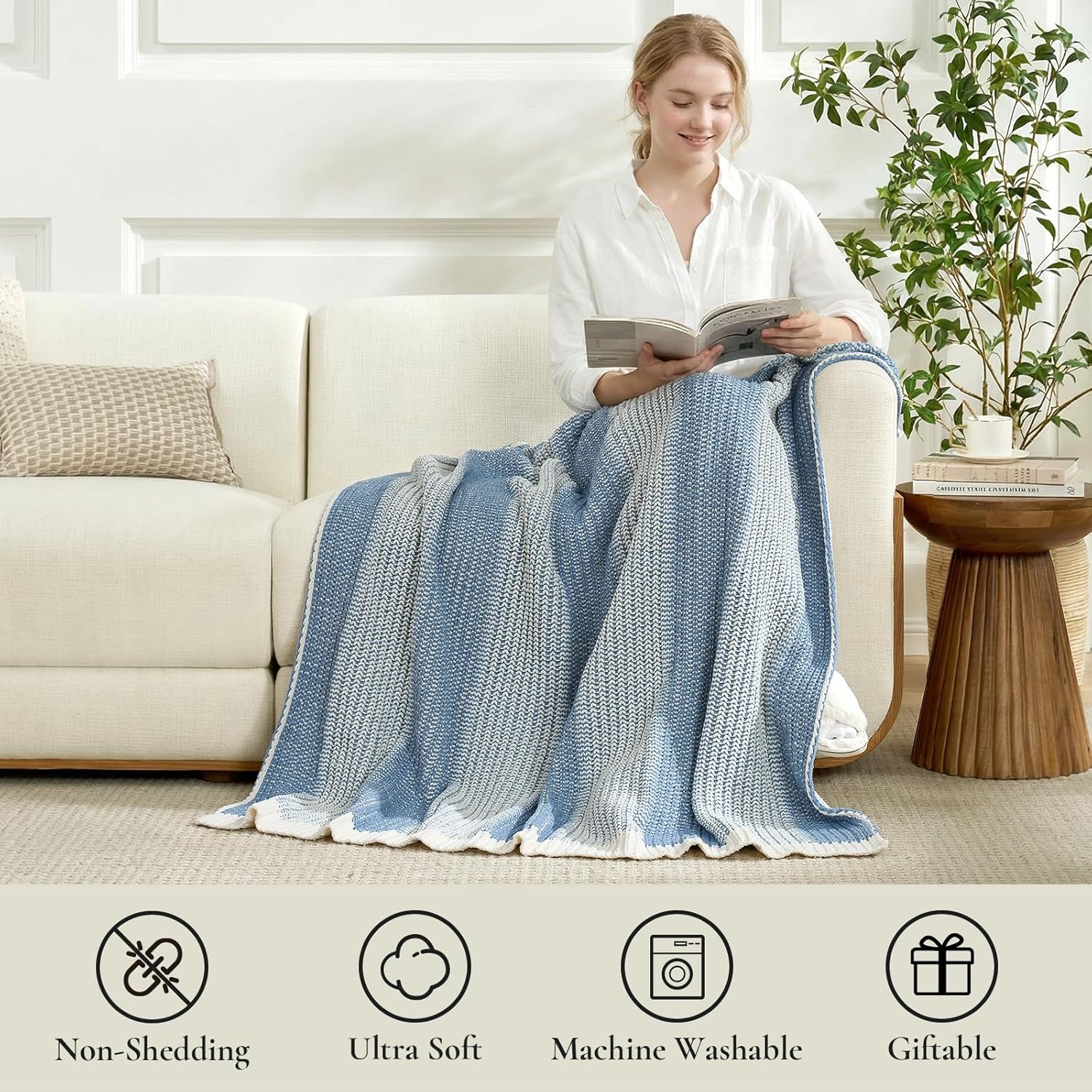 Amélie Home Premium Chenille Throw Blanket, Soft Cozy Luxury Two-Tone Knit Blanket for Couch, Sofa, Chair, Home Decor, Blue & Ivory 50"x60"