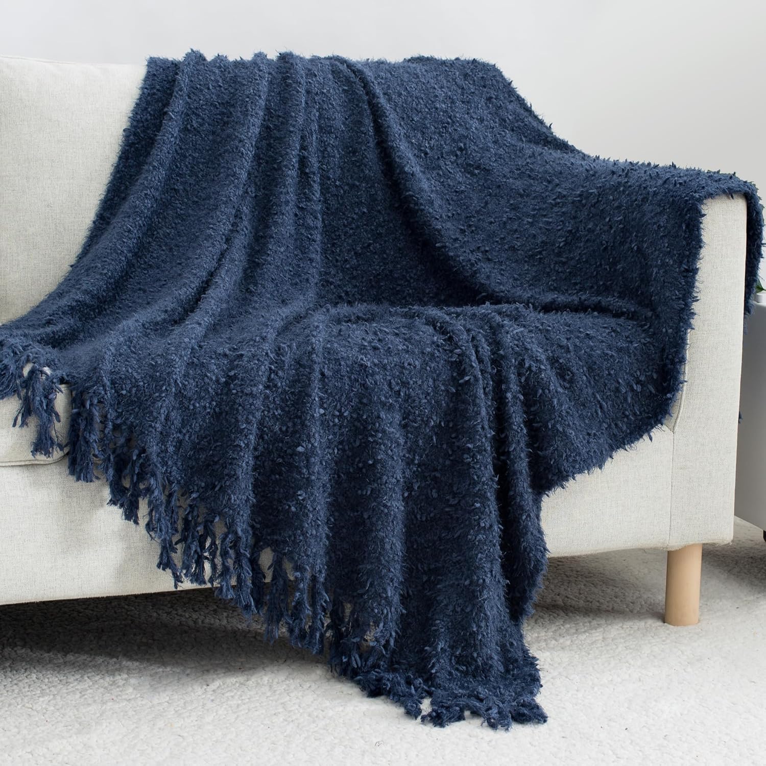 Winter Knit Throw Blanket Fluffy Fuzzy Soft Lightweight Cozy Farmhouse Tassels Chunky Knitted Throws for Couch Sofa Bed (Navy Blue, 50"x60")