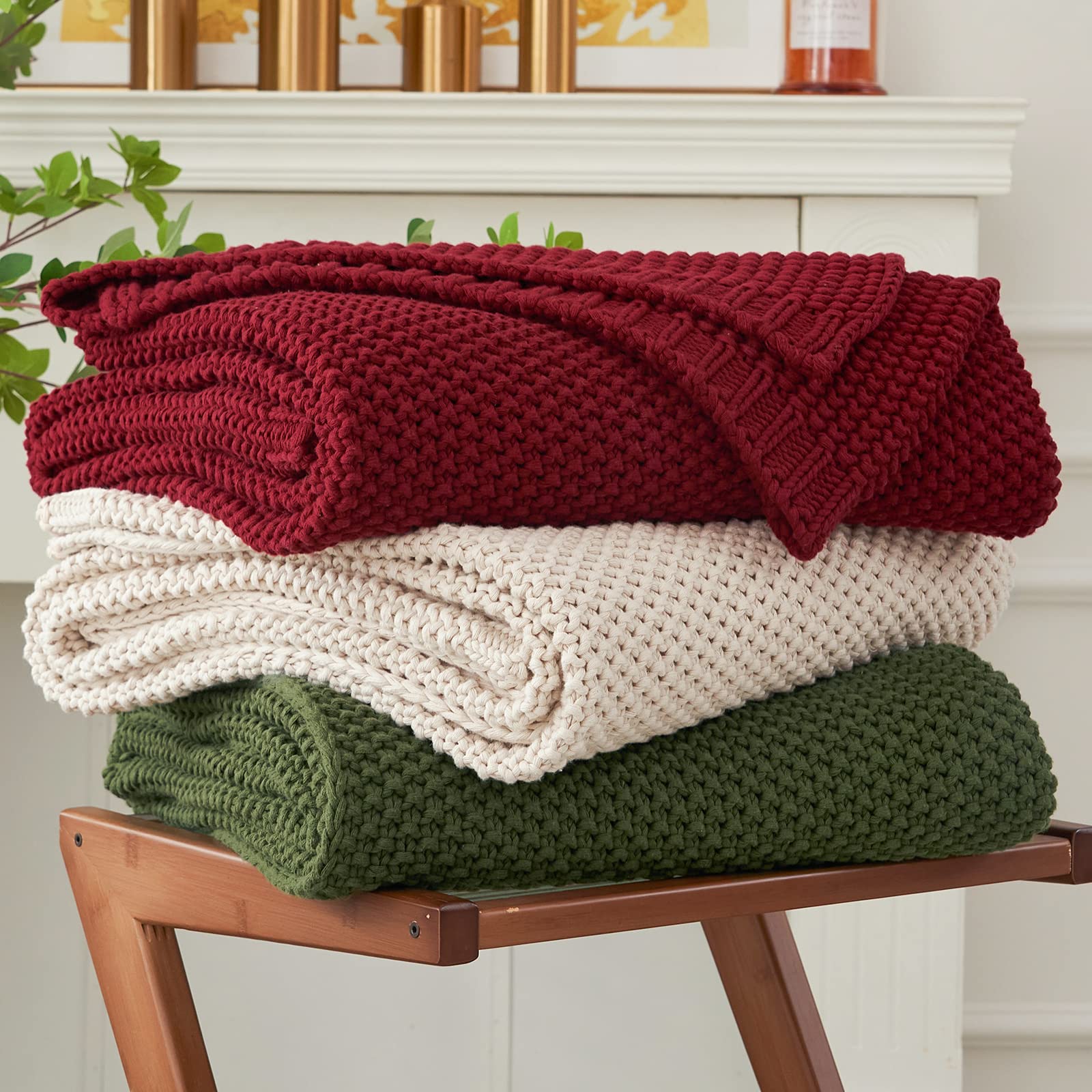 Chunky Cable Knit Throw Blanket Lightweight Beige 100% Organic Cotton Blanket for Sofa Couch Bed Baby Nursery, Rustic Shabby Chic Modern Farmhouse, 51” x 63” Give Laundering Bag