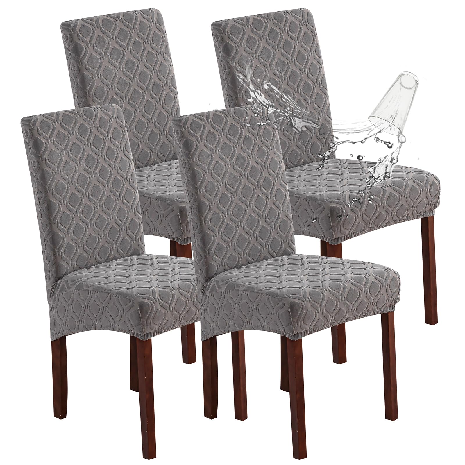 Genina 100% Waterproof Chair Covers for Dining Room Set of 4, Stretch Parson Chair Slipcovers for Kitchen Chairs, Washable Chair Protectors, Leaves-Warm Gray