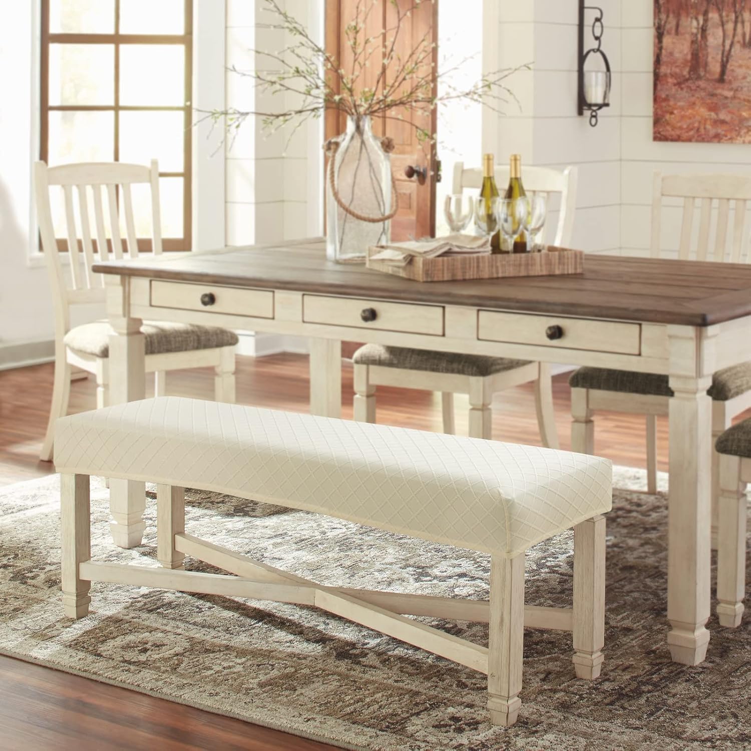 Fuloon Waterproof Dining Bench Cover, Removable Bench Slipcover Washable Bench Seat Protector Cover for Living Room, Bedroom, Kitchen (Beige)