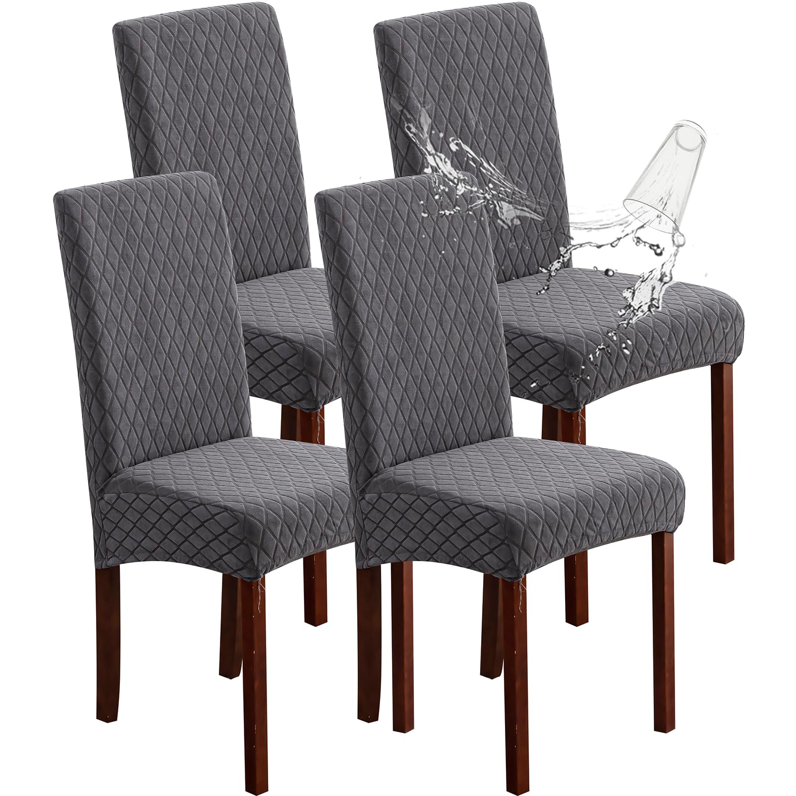Genina Waterproof Chair Covers for Dining Room 6 Pack, Stretch Jacquard Dining Chair Cover Removable Washable Chair Protectors Cover for Kitchen, Home (Leaves-Warm Gray, 6 PCS)