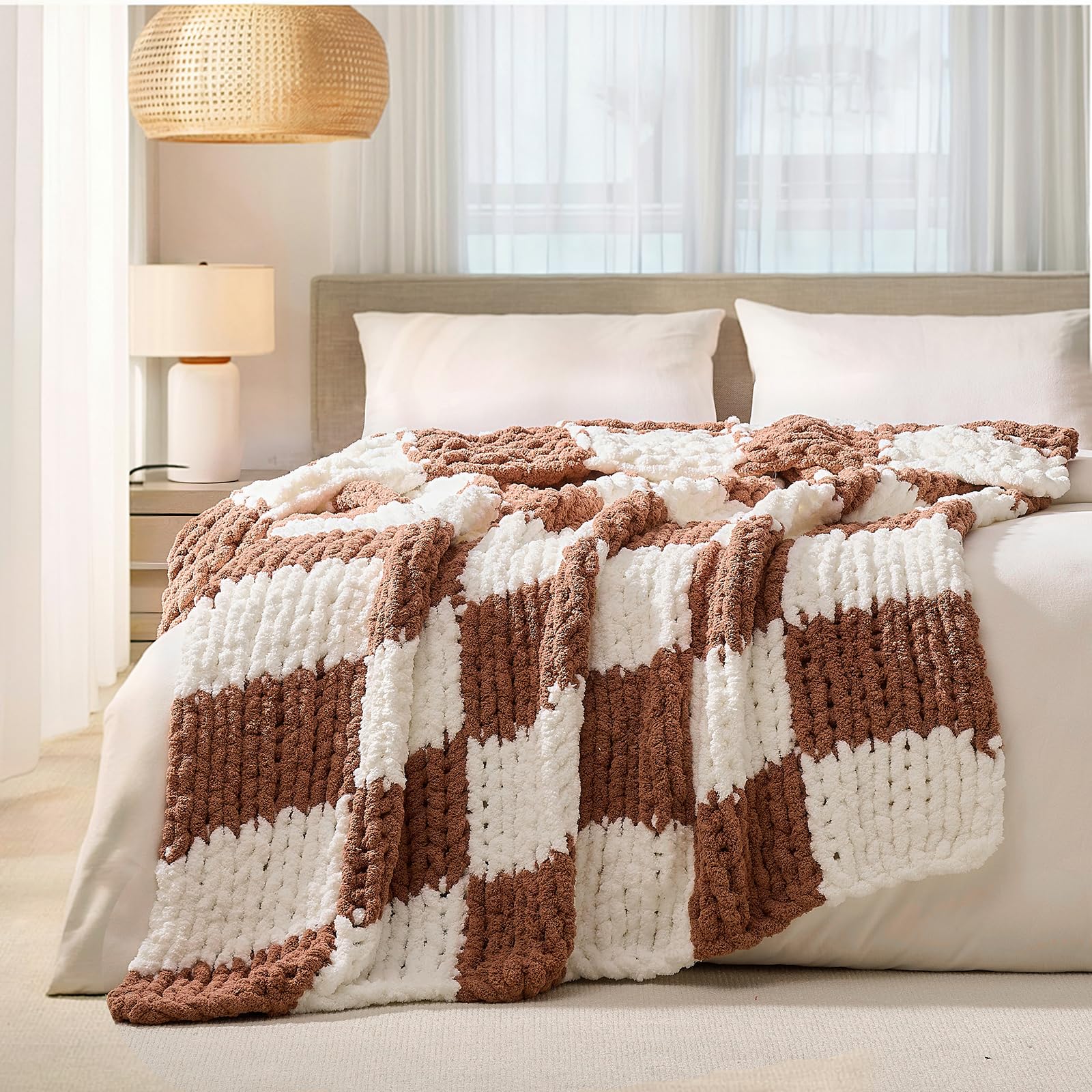 L'AGRATY Chunky Knit Blanket Throw,Soft Chenille Yarn Throw Blanket 50x60，Handmade Cable Knit Crochet Blanket,Large Knit Blankets Chunky Yarn,Rope Knot Throw Blanket for Couch Sofa Bed Home Decor