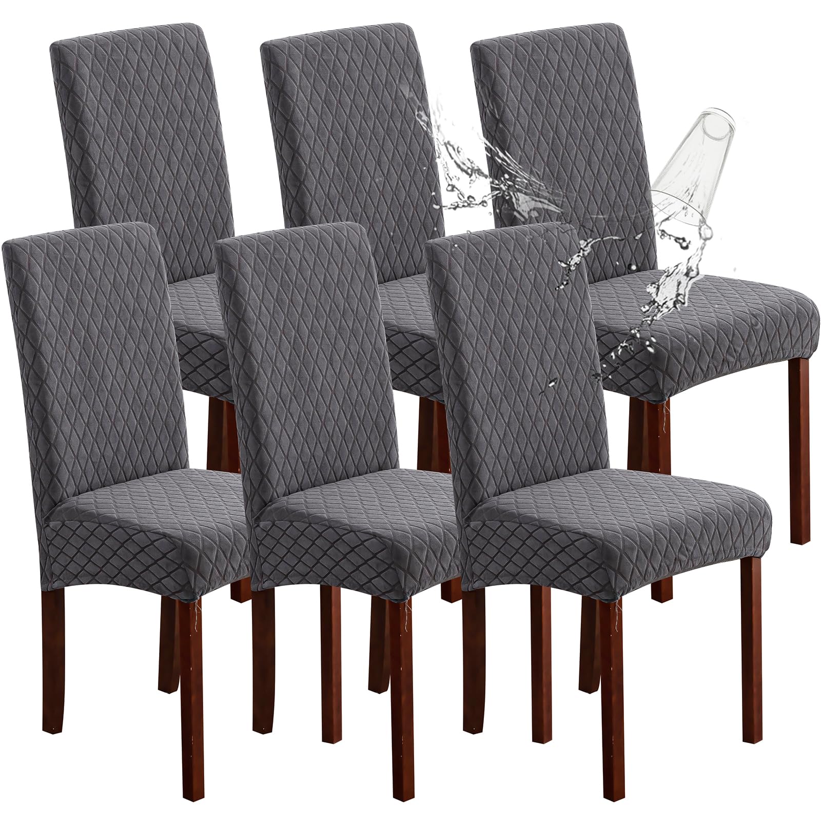 Genina Waterproof Chair Covers for Dining Room 6 Pack, Stretch Jacquard Dining Chair Cover Removable Washable Chair Protectors Cover for Kitchen, Home (Leaves-Warm Gray, 6 PCS)