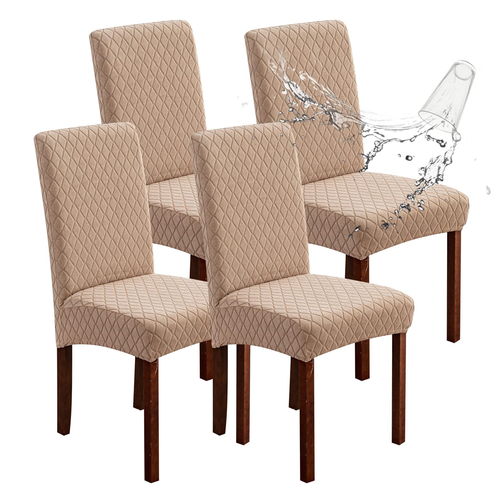 Genina 100% Waterproof Chair Covers for Dining Room Set of 4, Stretch Parson Chair Slipcovers for Kitchen Chairs, Washable Chair Protectors, Leaves-Warm Gray