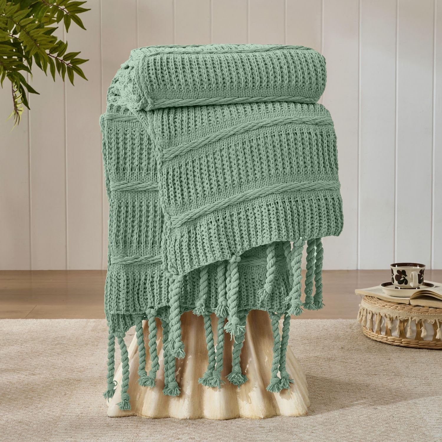 Boho Knitted Chenille Blanket with Tassels - Lightweight & Soft All-Season Throw - 3D Classic Pattern for Living Room Bedroom Couch, Cloud White, Throw 50"x60"