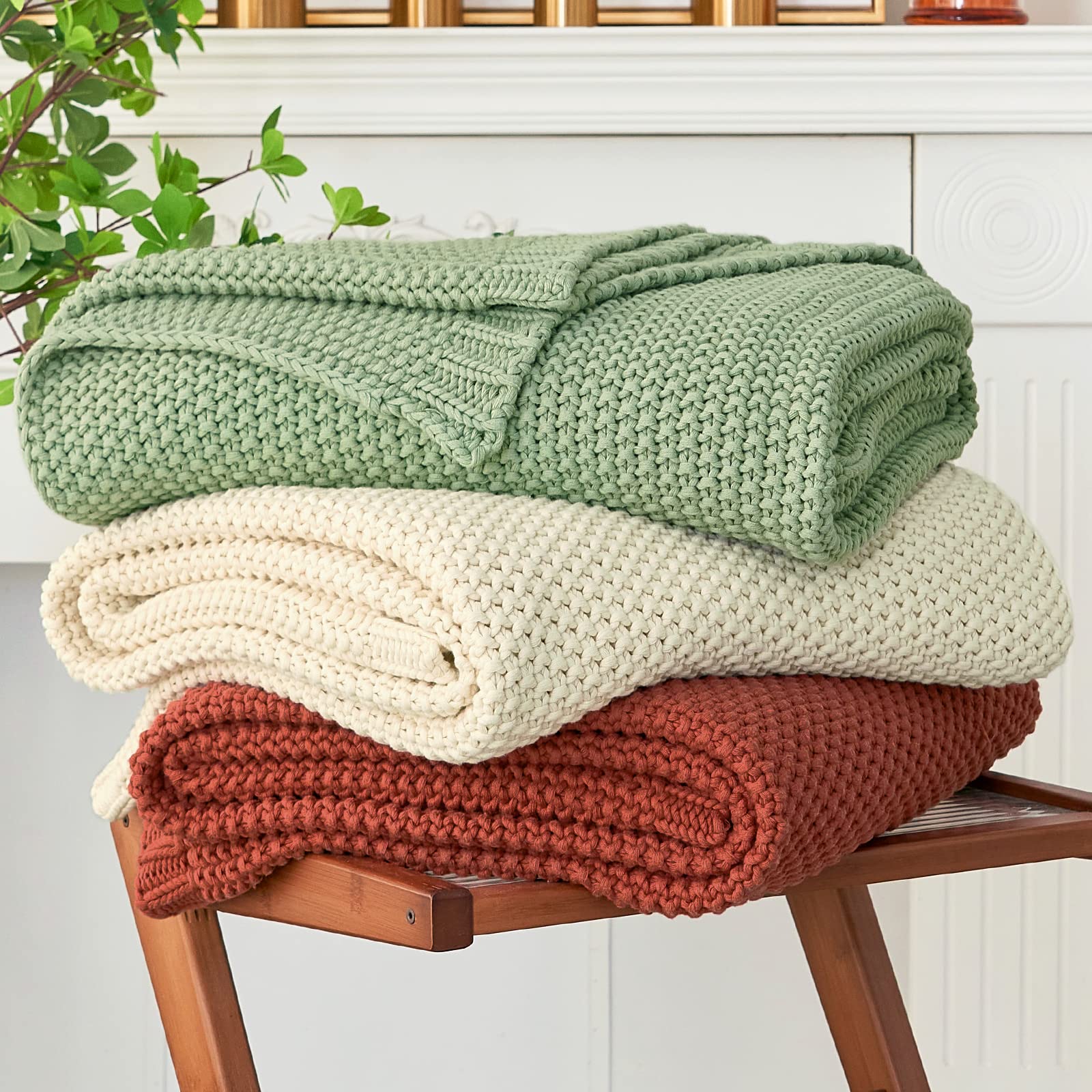 Chunky Cable Knit Throw Blanket Lightweight Beige 100% Organic Cotton Blanket for Sofa Couch Bed Baby Nursery, Rustic Shabby Chic Modern Farmhouse, 51” x 63” Give Laundering Bag