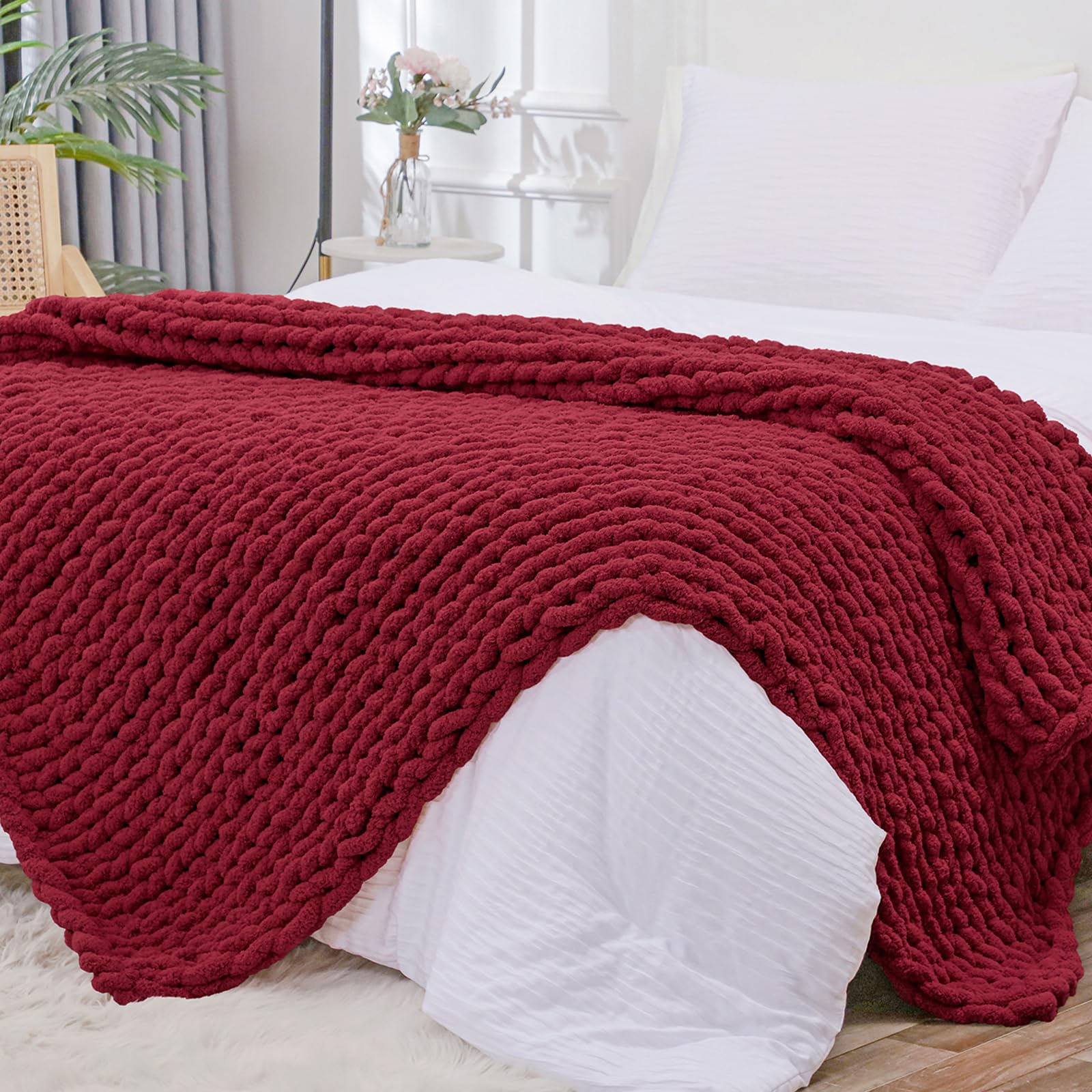 Bigacogo Chunky Knit Throw Blanket for Couch, 40x60 inches, 100% Hand Knitted with Thick Jumbo Chenille Yarn, Cozy Soft Large Rope Knot Cable Crochet Blankets for Sofa Bed Living Room, Beige
