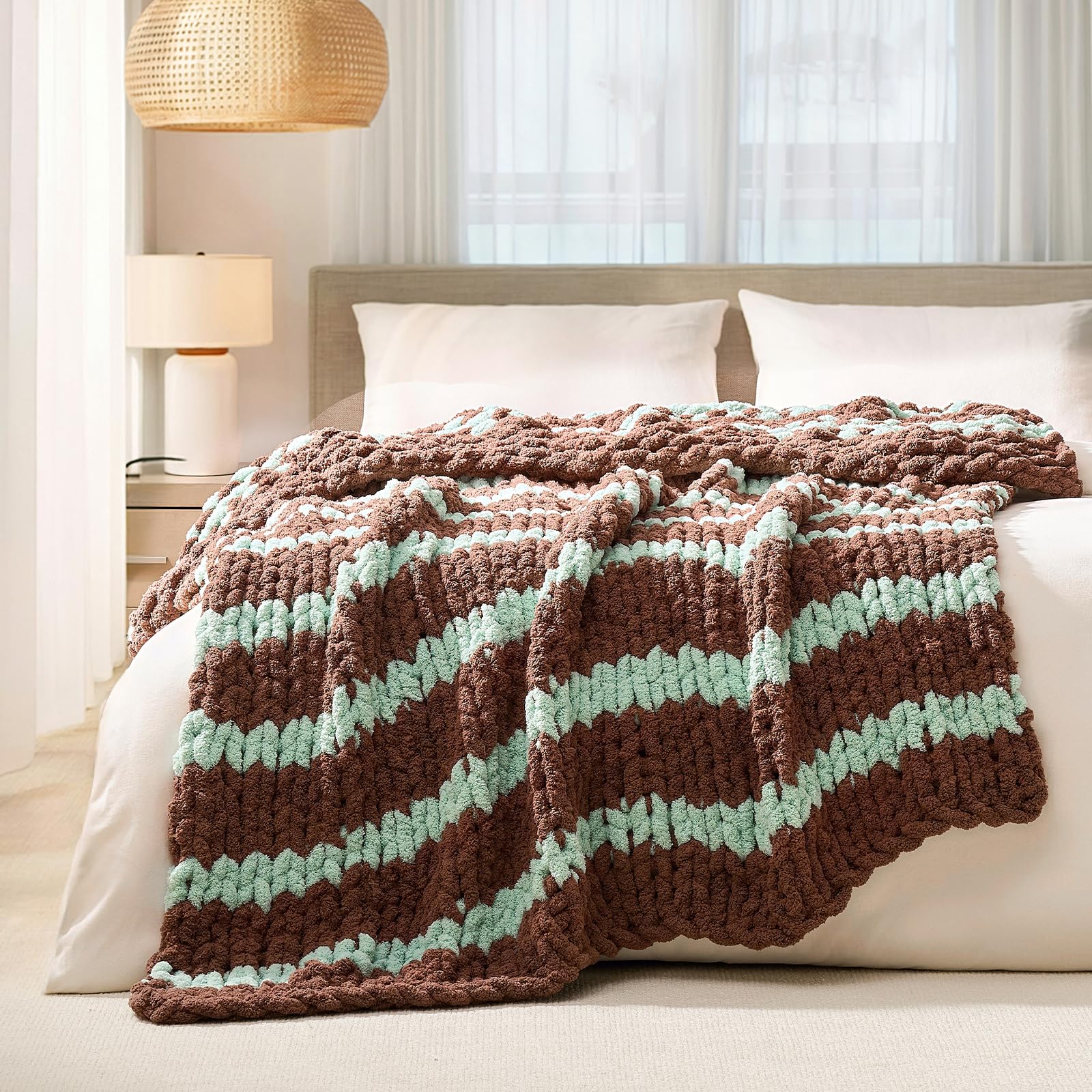 L'AGRATY Chunky Knit Blanket Throw,Soft Chenille Yarn Throw Blanket 50x60，Handmade Cable Knit Crochet Blanket,Large Knit Blankets Chunky Yarn,Rope Knot Throw Blanket for Couch Sofa Bed Home Decor