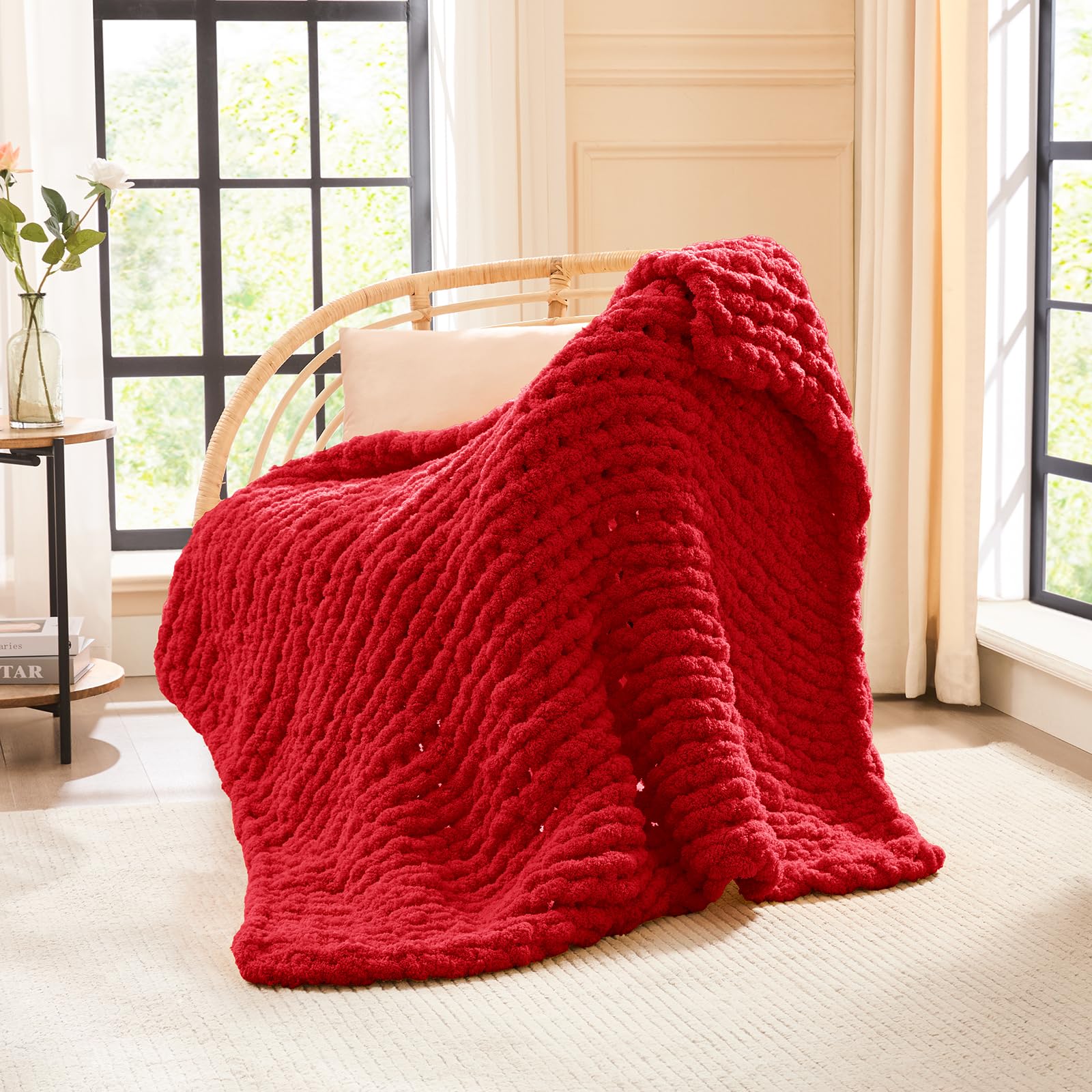 L'AGRATY Chunky Knit Blanket Throw,Soft Chenille Yarn Throw Blanket 50x60，Handmade Cable Knit Crochet Blanket,Large Knit Blankets Chunky Yarn,Rope Knot Throw Blanket for Couch Sofa Bed Home Decor