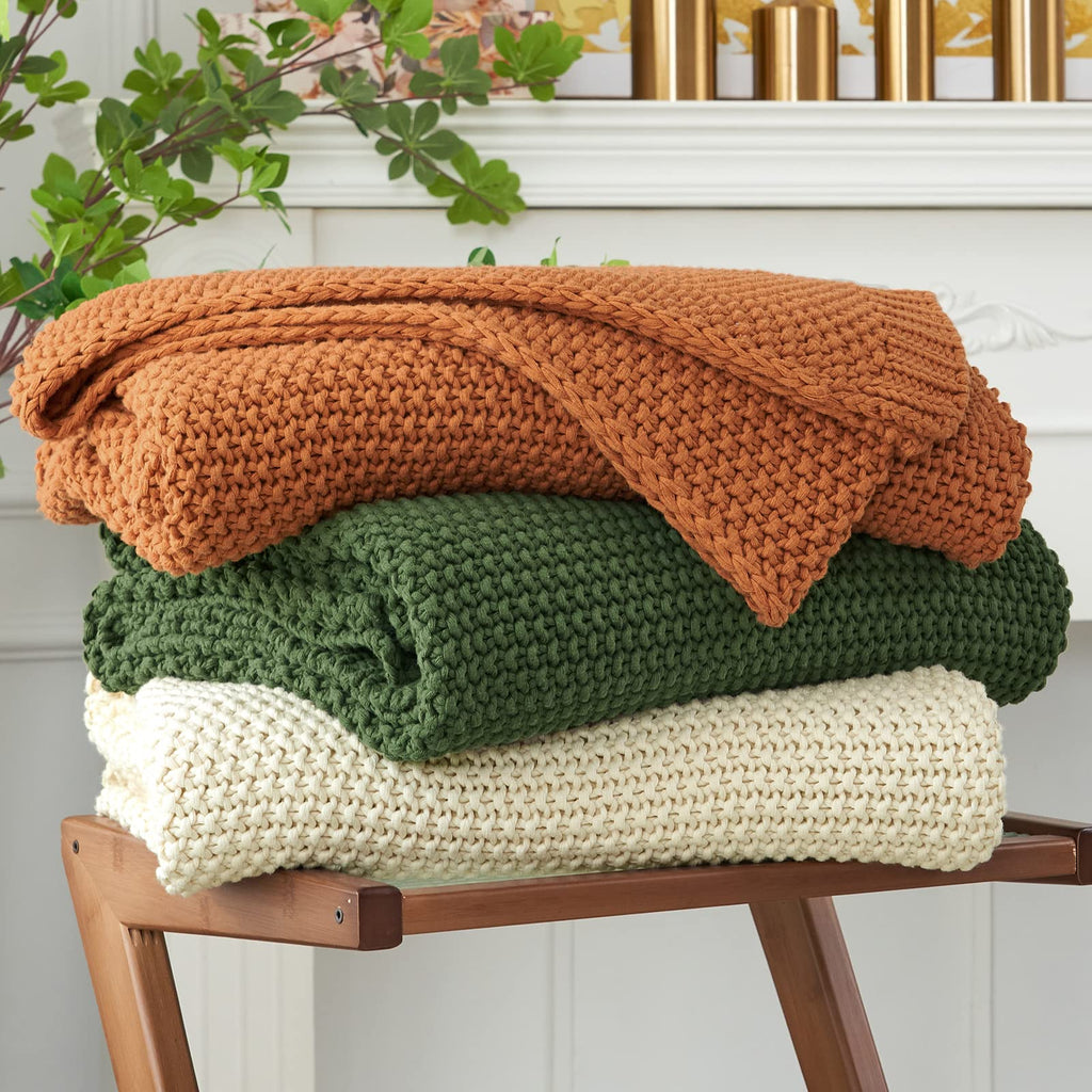 Chunky Cable Knit Throw Blanket Lightweight Beige 100% Organic Cotton Blanket for Sofa Couch Bed Baby Nursery, Rustic Shabby Chic Modern Farmhouse, 51” x 63” Give Laundering Bag
