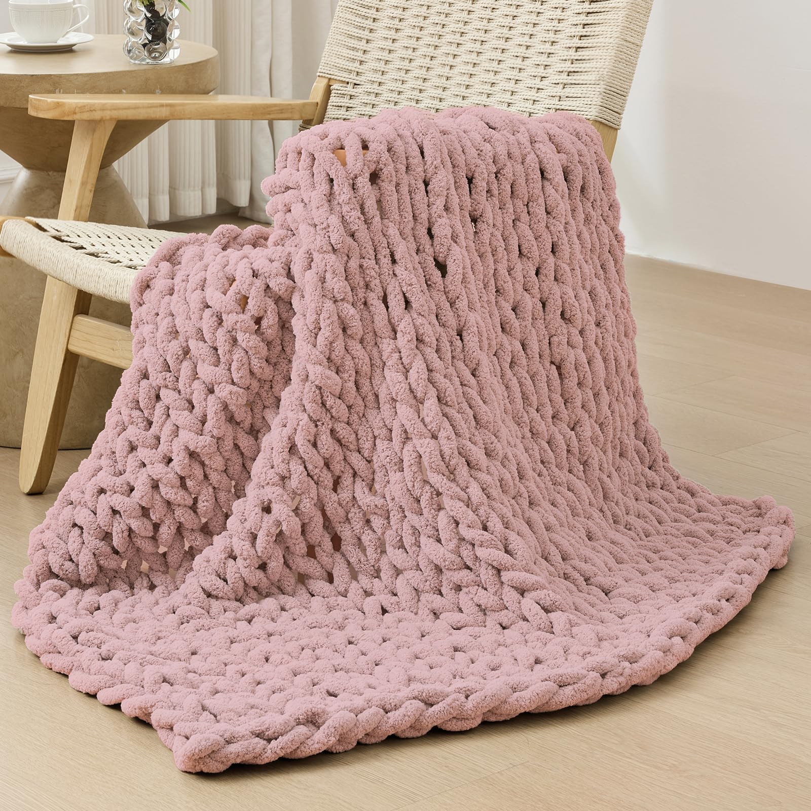 Bigacogo Chunky Knit Throw Blanket for Couch, 40x60 inches, 100% Hand Knitted with Thick Jumbo Chenille Yarn, Cozy Soft Large Rope Knot Cable Crochet Blankets for Sofa Bed Living Room, Beige