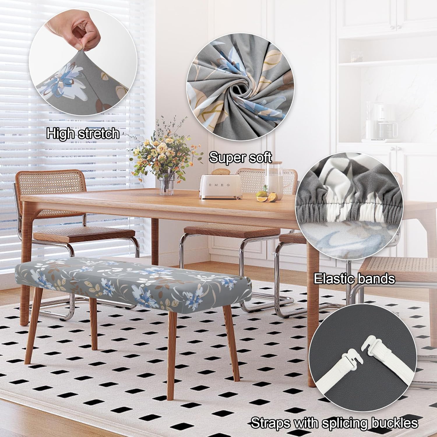 Stretch Bench Covers, Bench Seat Covers, Bench Cushions Covers, Printed Bench Seat Protector, Washable Bench Slipcover, Rectangle Bench Covers for Dining Room, Living Room, Kitchen (Flowers)