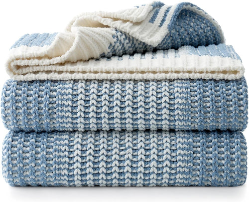 Amélie Home Premium Chenille Throw Blanket, Soft Cozy Luxury Two-Tone Knit Blanket for Couch, Sofa, Chair, Home Decor, Blue & Ivory 50"x60"