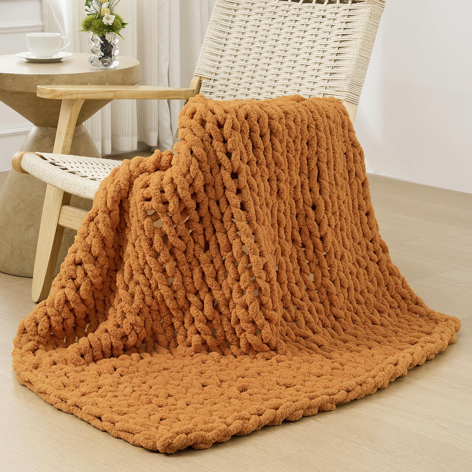 Bigacogo Chunky Knit Throw Blanket for Couch, 40x60 inches, 100% Hand Knitted with Thick Jumbo Chenille Yarn, Cozy Soft Large Rope Knot Cable Crochet Blankets for Sofa Bed Living Room, Beige