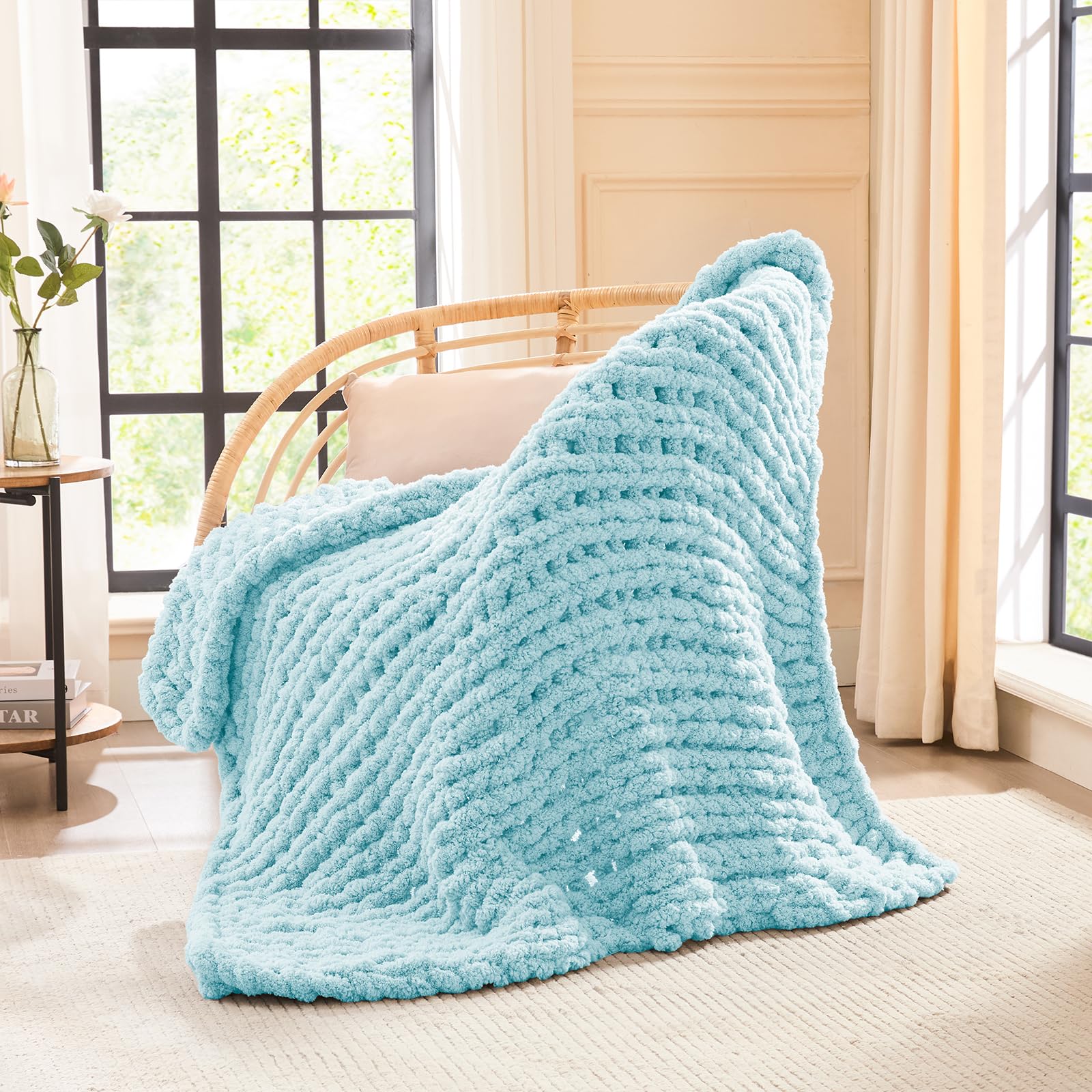 L'AGRATY Chunky Knit Blanket Throw,Soft Chenille Yarn Throw Blanket 50x60，Handmade Cable Knit Crochet Blanket,Large Knit Blankets Chunky Yarn,Rope Knot Throw Blanket for Couch Sofa Bed Home Decor