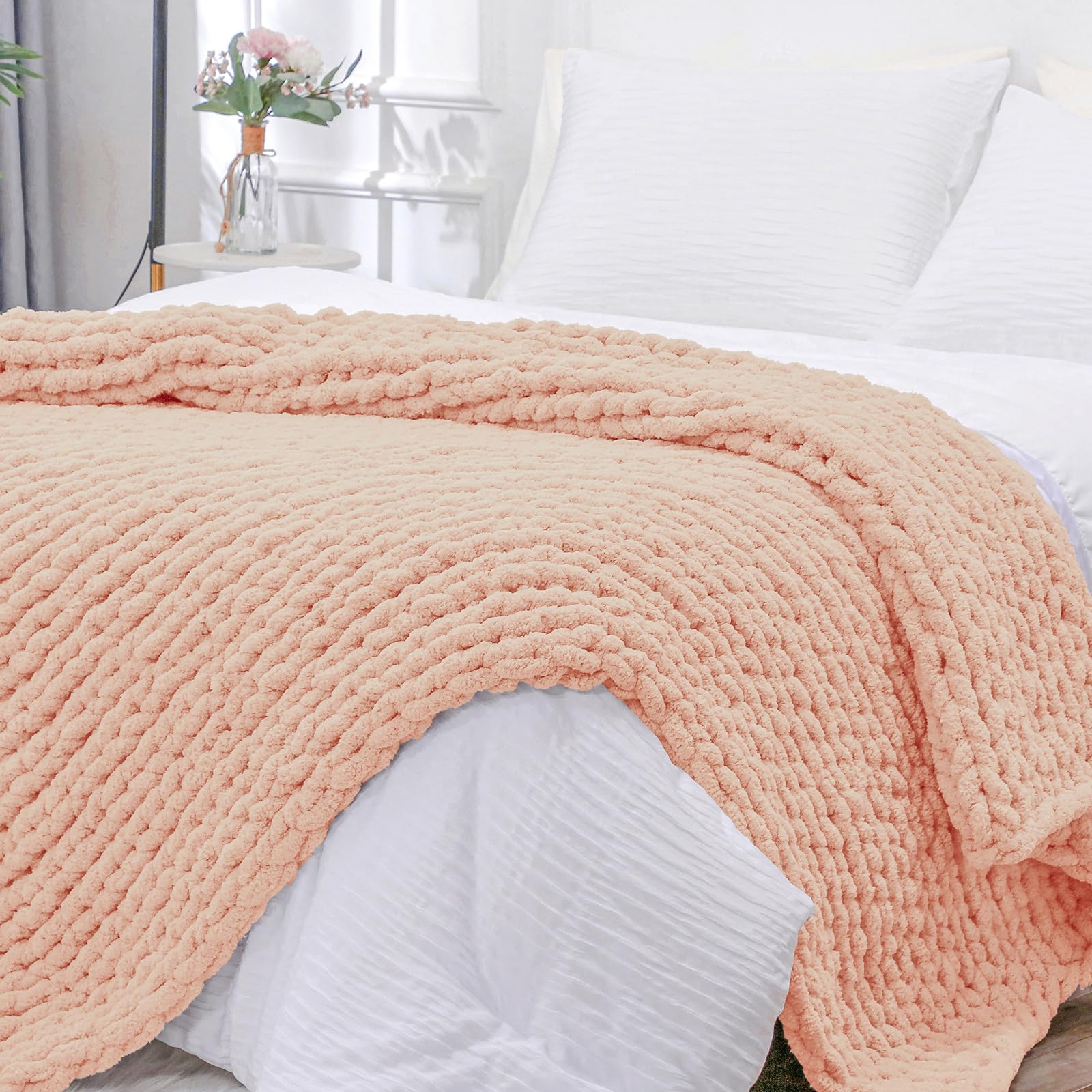 Bigacogo Chunky Knit Throw Blanket for Couch, 40x60 inches, 100% Hand Knitted with Thick Jumbo Chenille Yarn, Cozy Soft Large Rope Knot Cable Crochet Blankets for Sofa Bed Living Room, Beige