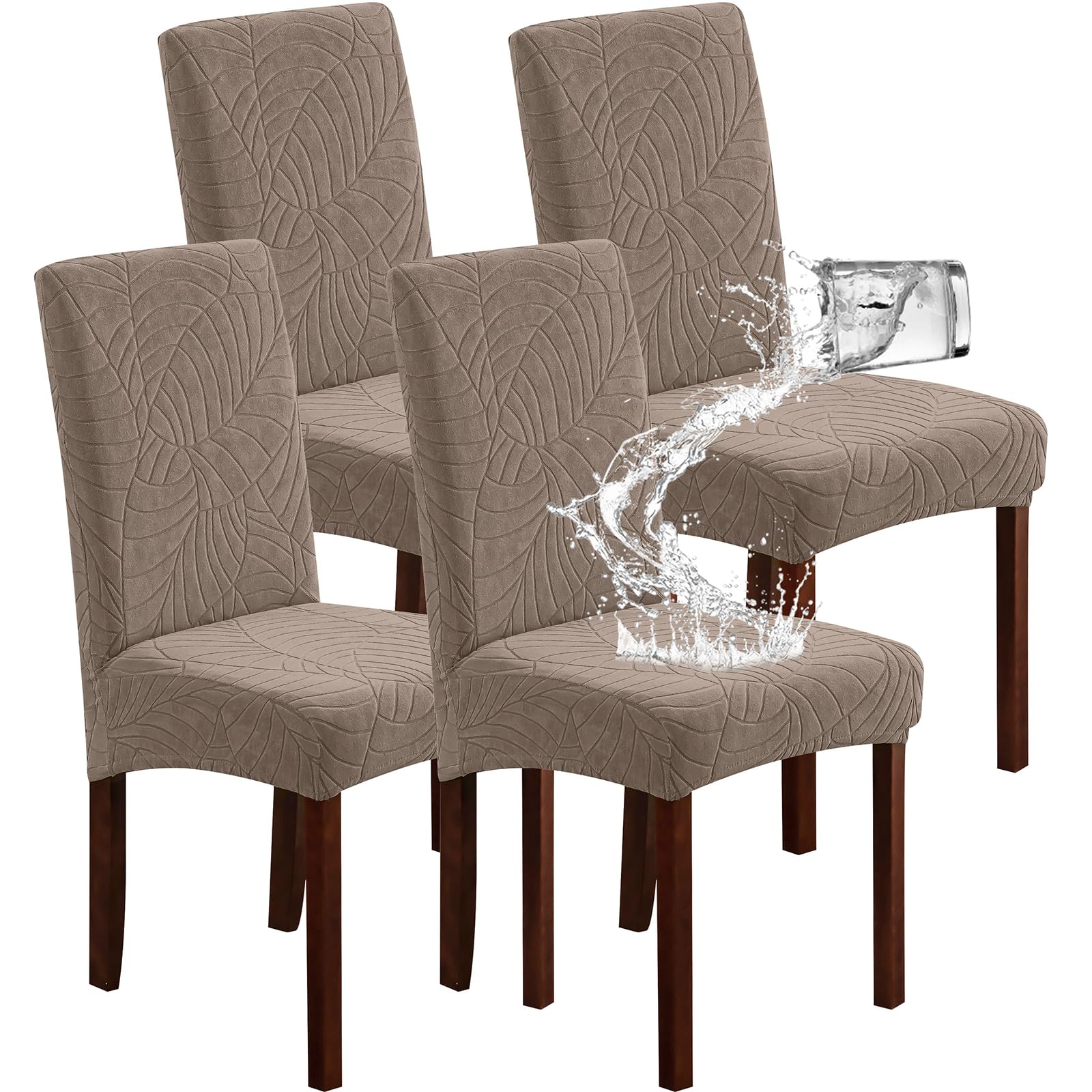 Genina Waterproof Chair Covers for Dining Room 6 Pack, Stretch Jacquard Dining Chair Cover Removable Washable Chair Protectors Cover for Kitchen, Home (Leaves-Warm Gray, 6 PCS)