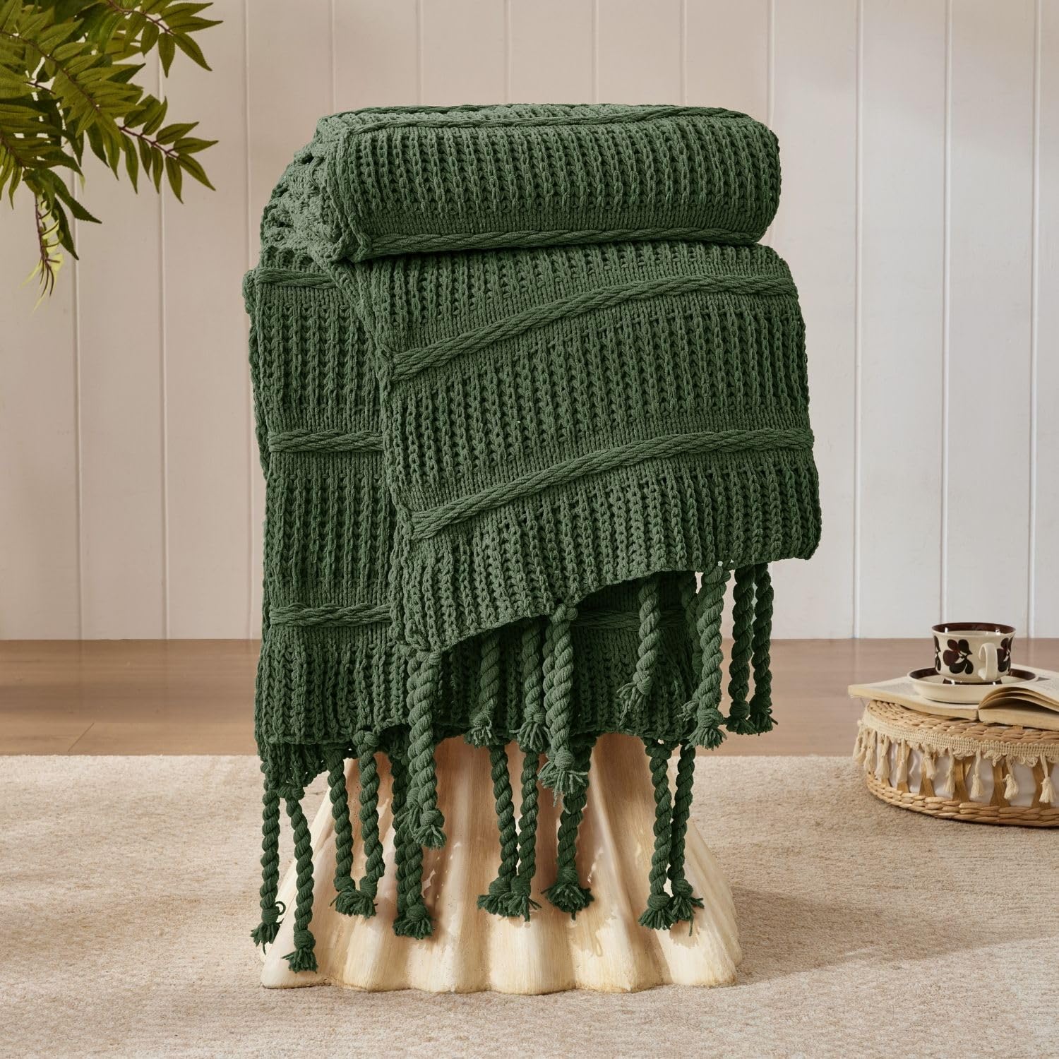 Boho Knitted Chenille Blanket with Tassels - Lightweight & Soft All-Season Throw - 3D Classic Pattern for Living Room Bedroom Couch, Cloud White, Throw 50"x60"
