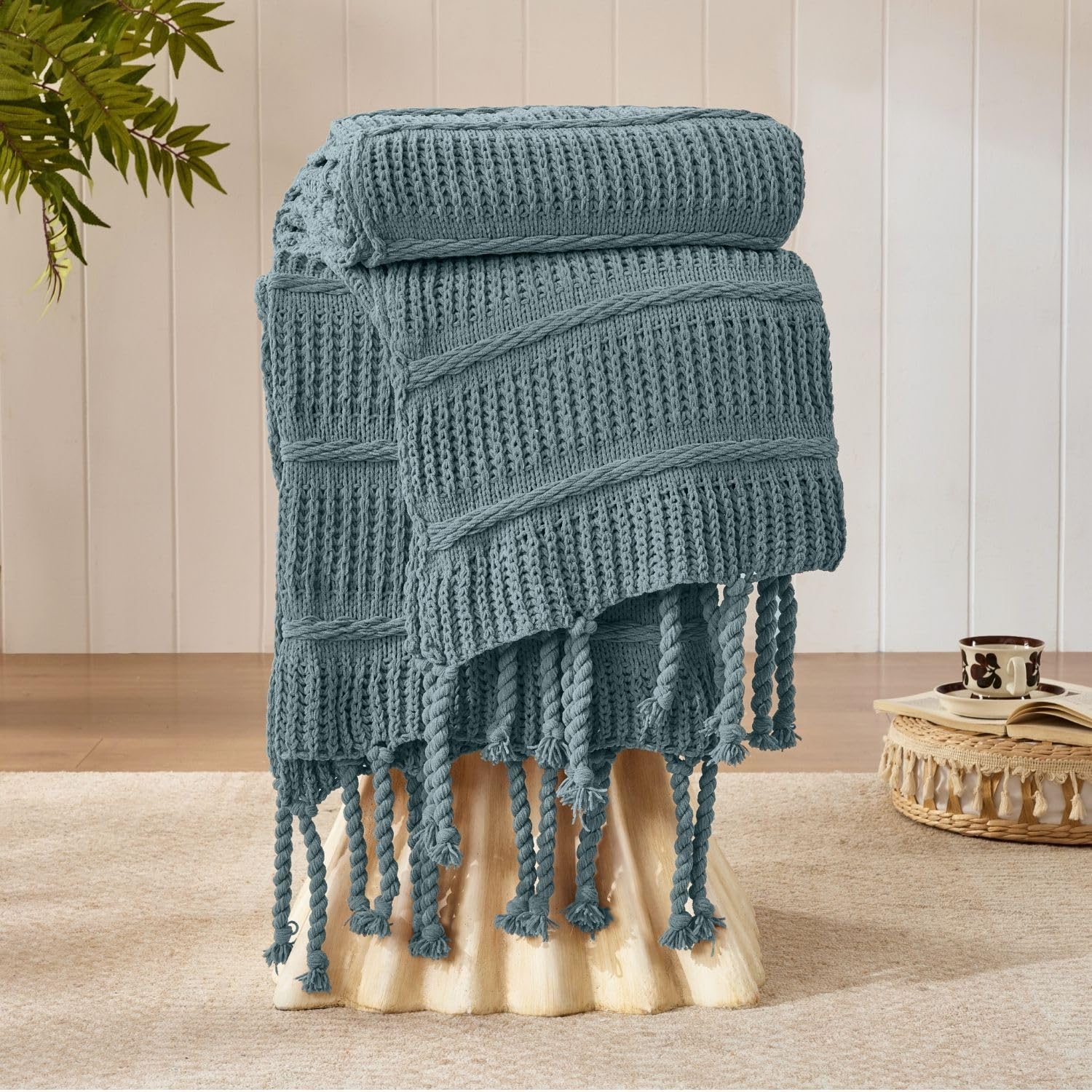 Boho Knitted Chenille Blanket with Tassels - Lightweight & Soft All-Season Throw - 3D Classic Pattern for Living Room Bedroom Couch, Cloud White, Throw 50"x60"