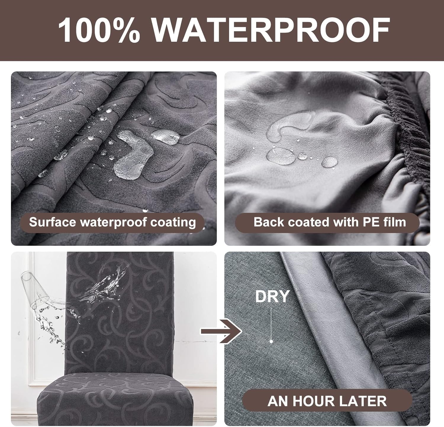 Genina Waterproof Dining Room Chair Covers Stretch Parsons Chair Slipcovers for Dining Room Kitchen Chair Protector Cover, Removable, Washable (4, Flower Pattern-Dark Gray)