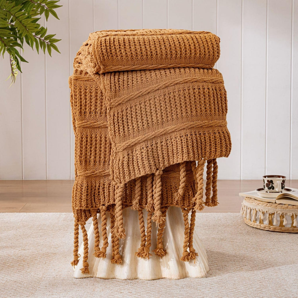 Boho Knitted Chenille Blanket with Tassels - Lightweight & Soft All-Season Throw - 3D Classic Pattern for Living Room Bedroom Couch, Cloud White, Throw 50"x60"