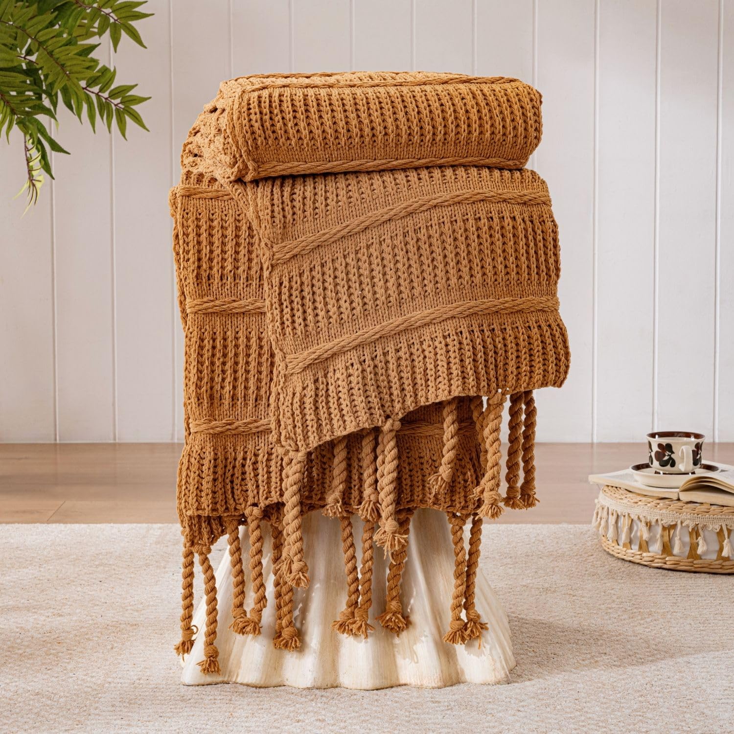Boho Knitted Chenille Blanket with Tassels - Lightweight & Soft All-Season Throw - 3D Classic Pattern for Living Room Bedroom Couch, Cloud White, Throw 50"x60"