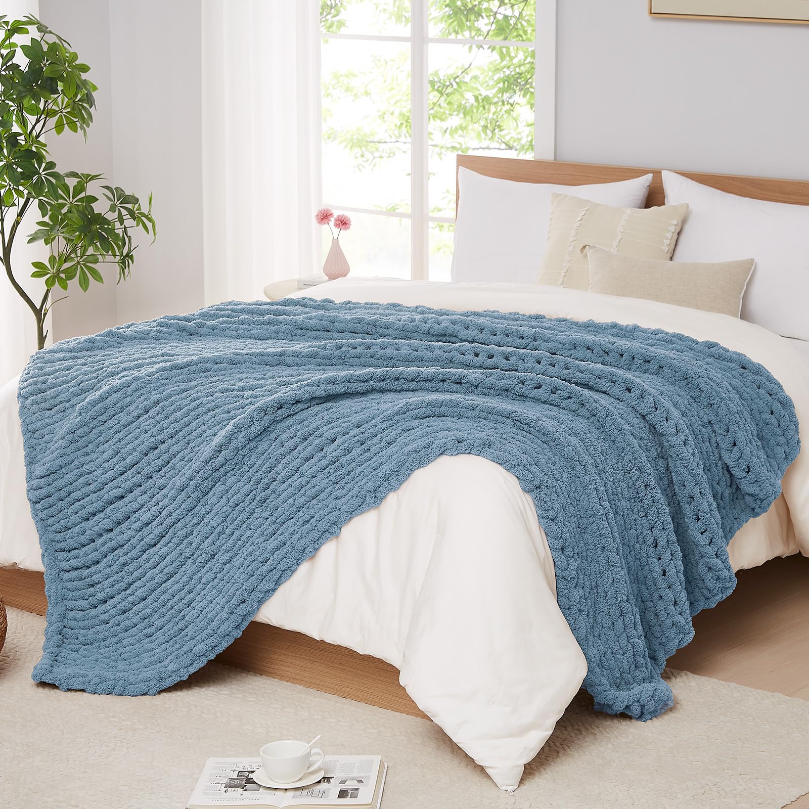 L'AGRATY Chunky Knit Blanket Throw,Soft Chenille Yarn Throw Blanket 50x60，Handmade Cable Knit Crochet Blanket,Large Knit Blankets Chunky Yarn,Rope Knot Throw Blanket for Couch Sofa Bed Home Decor