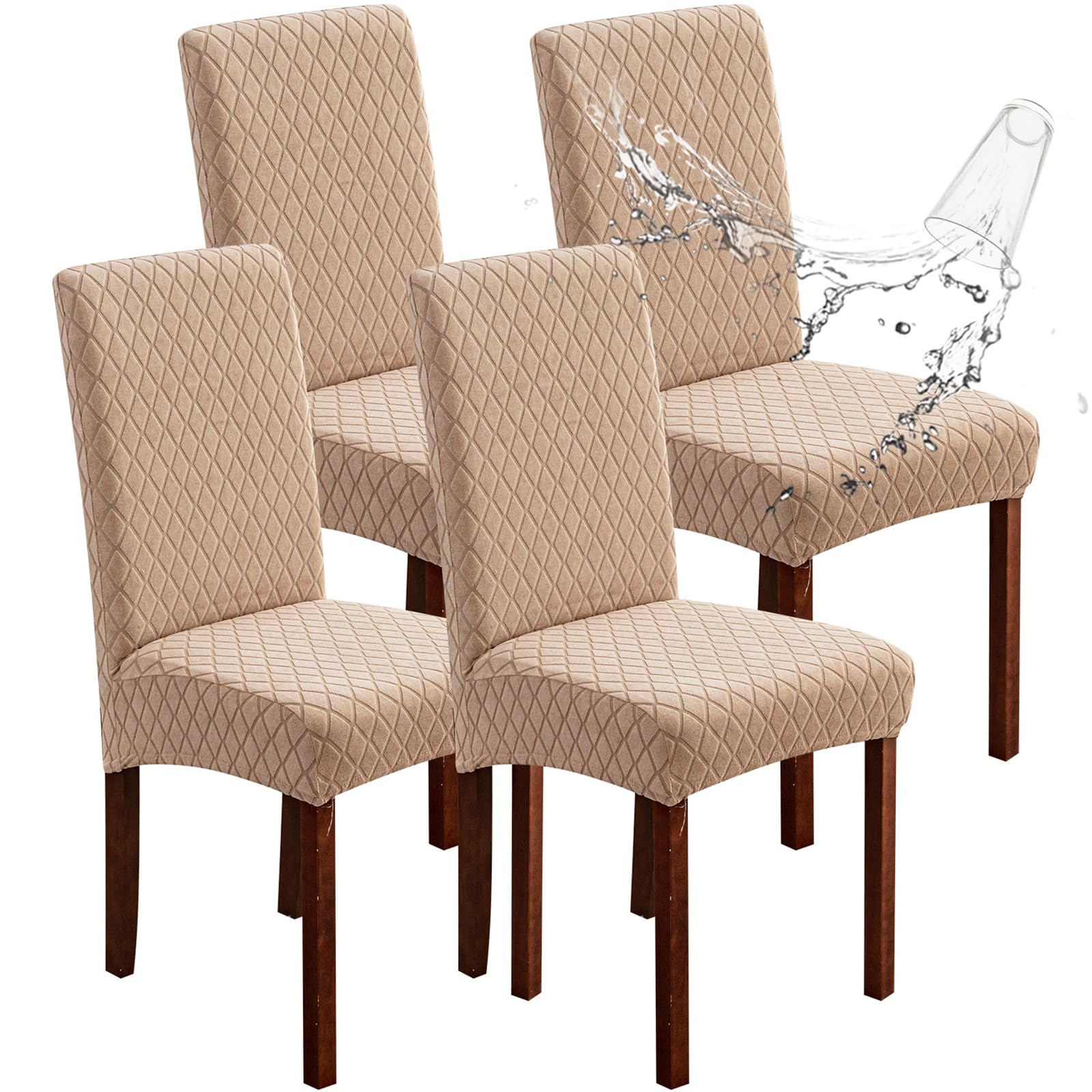 Genina 100% Waterproof Chair Covers for Dining Room Set of 4, Stretch Parson Chair Slipcovers for Kitchen Chairs, Washable Chair Protectors, Leaves-Warm Gray