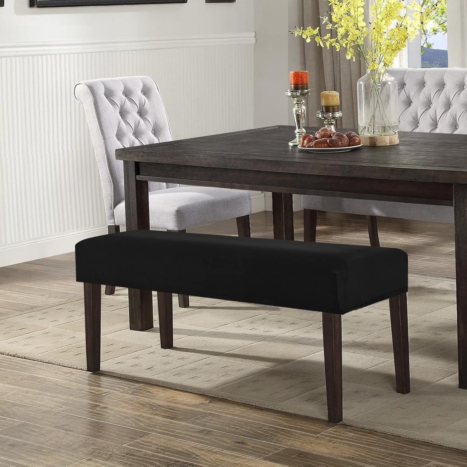 WOMACO Dining Room Bench Covers Stretch Spandex Upholstered Bench Seat Cushion Slipcovers for Kitchen Dining Bench Seat Protector (Black, Medium)