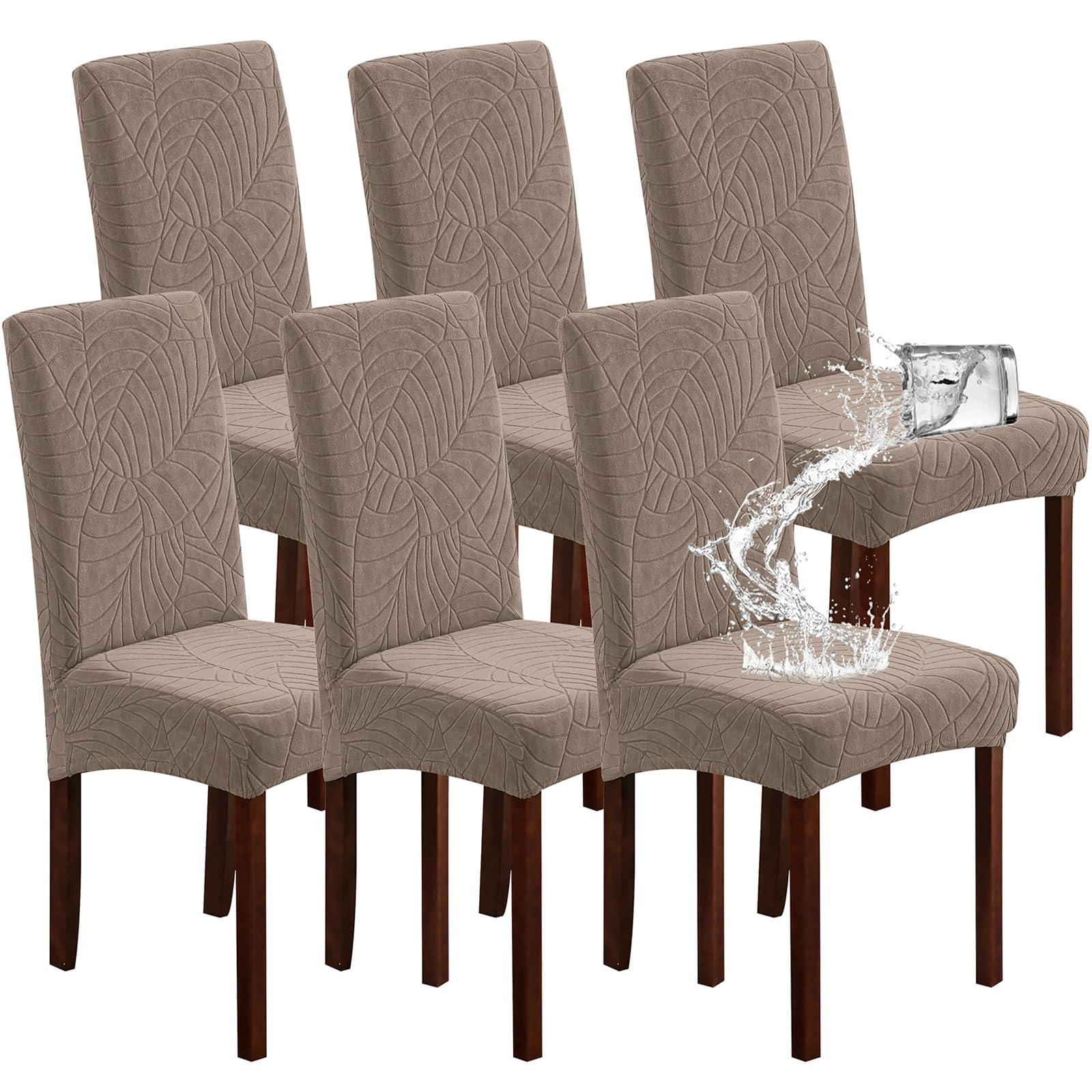 Genina 100% Waterproof Chair Covers for Dining Room Set of 4, Stretch Parson Chair Slipcovers for Kitchen Chairs, Washable Chair Protectors, Leaves-Warm Gray