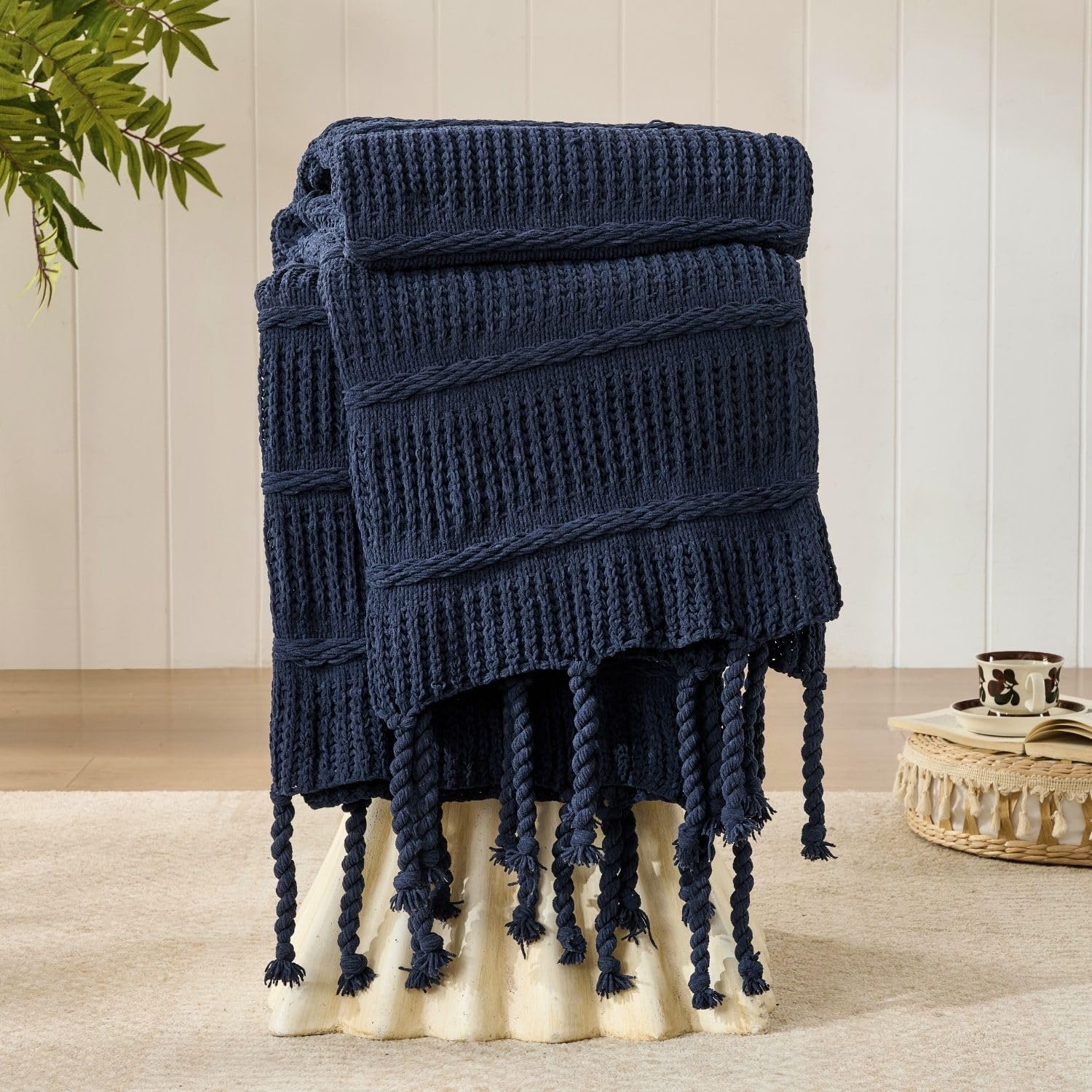 Boho Knitted Chenille Blanket with Tassels - Lightweight & Soft All-Season Throw - 3D Classic Pattern for Living Room Bedroom Couch, Cloud White, Throw 50"x60"
