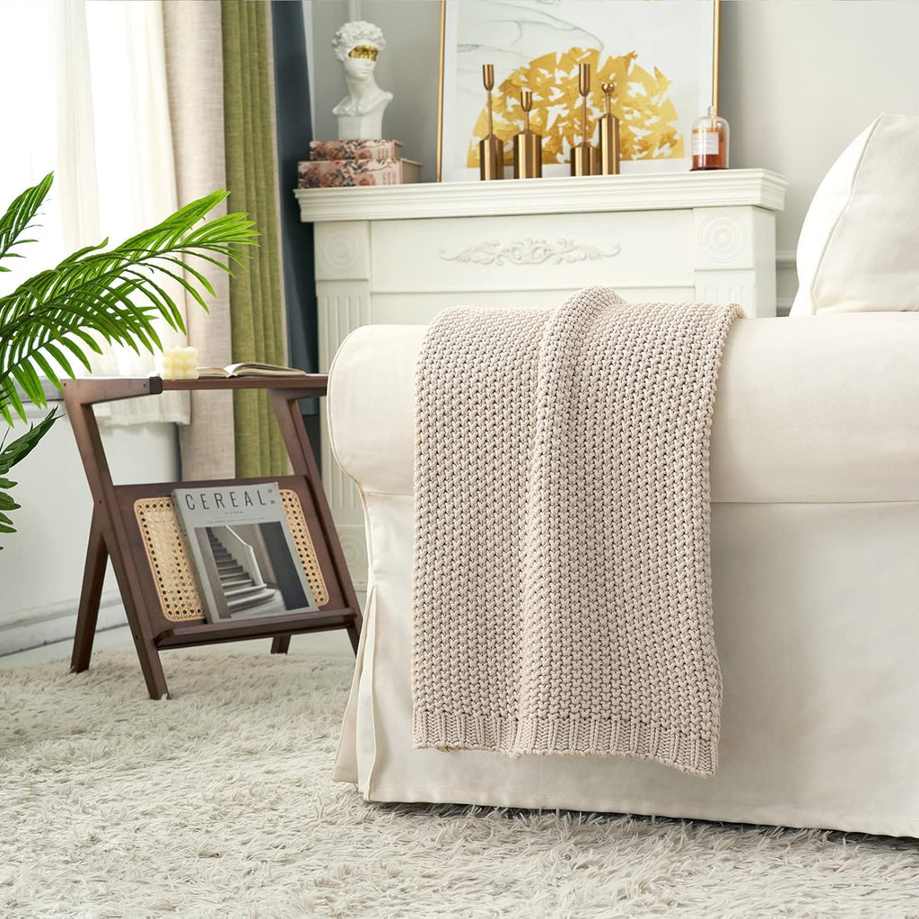 Chunky Cable Knit Throw Blanket Lightweight Beige 100% Organic Cotton Blanket for Sofa Couch Bed Baby Nursery, Rustic Shabby Chic Modern Farmhouse, 51” x 63” Give Laundering Bag
