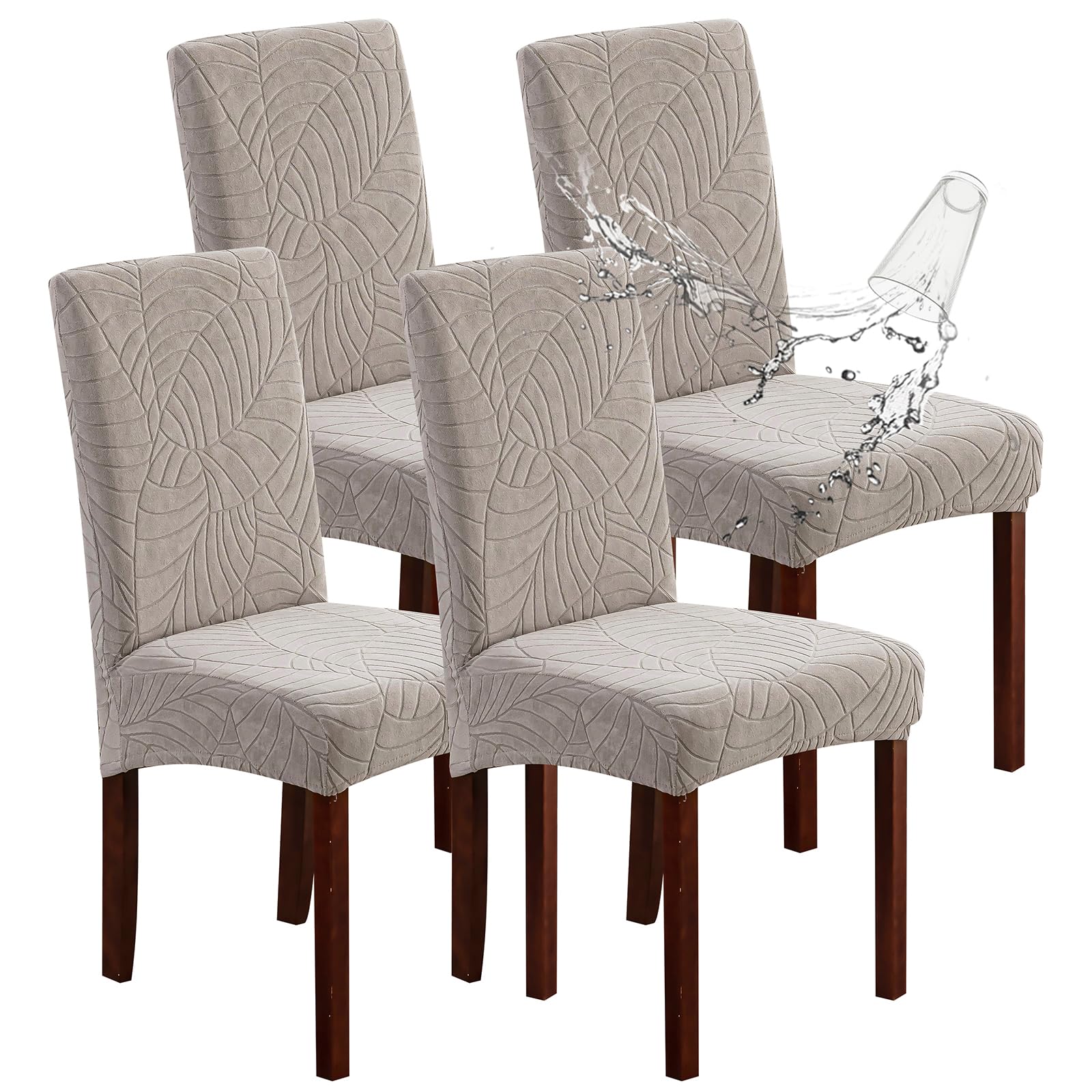 Genina Waterproof Chair Covers for Dining Room 6 Pack, Stretch Jacquard Dining Chair Cover Removable Washable Chair Protectors Cover for Kitchen, Home (Leaves-Warm Gray, 6 PCS)