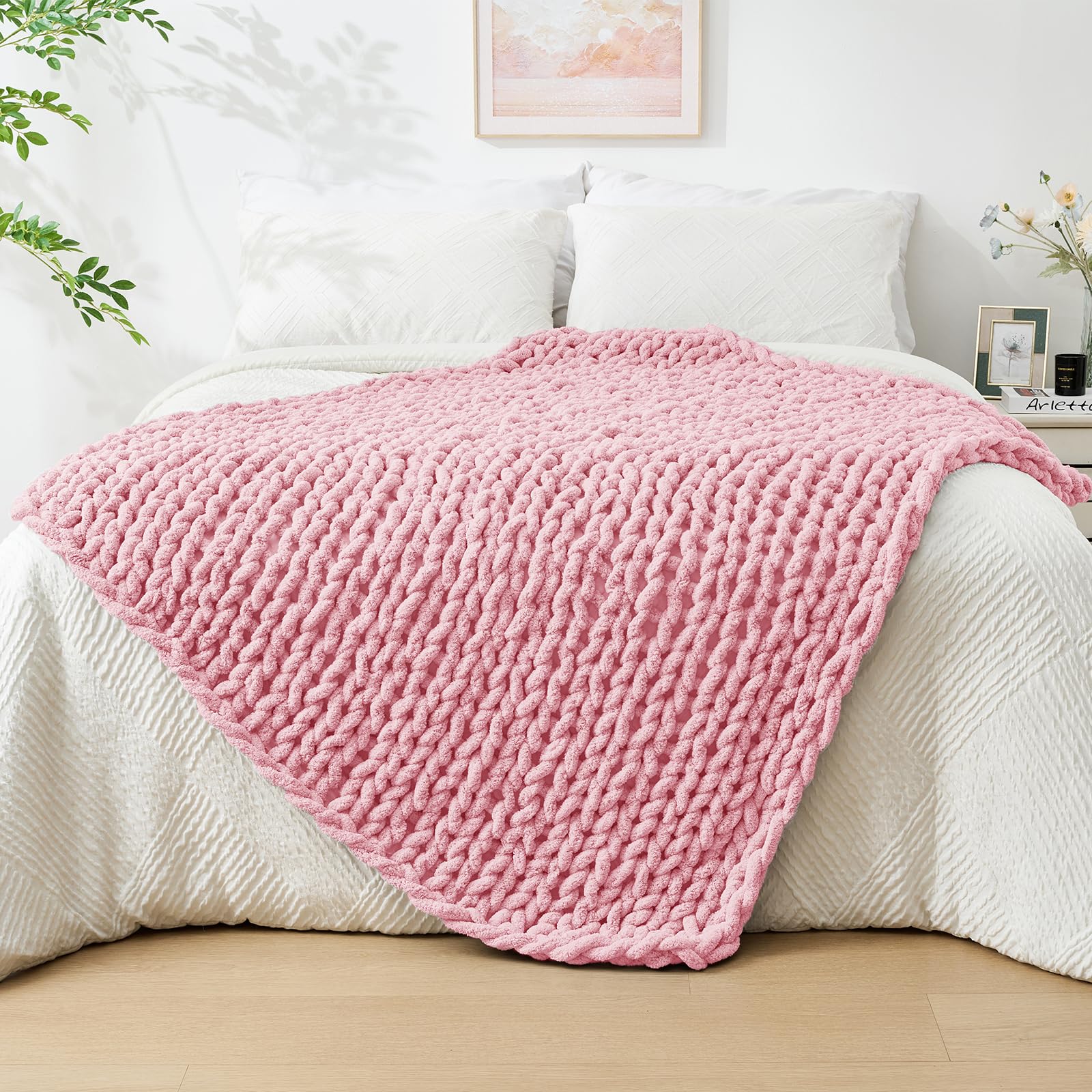 Bigacogo Chunky Knit Throw Blanket for Couch, 40x60 inches, 100% Hand Knitted with Thick Jumbo Chenille Yarn, Cozy Soft Large Rope Knot Cable Crochet Blankets for Sofa Bed Living Room, Beige