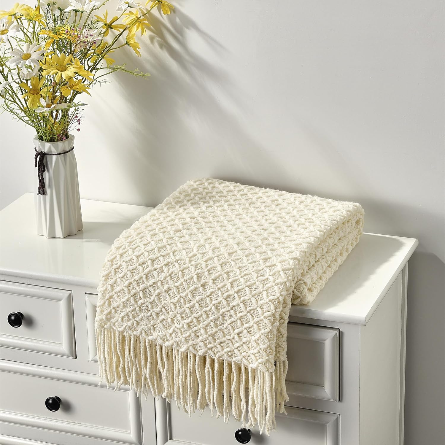 CREVENT Farmhouse Boho Knitted Throw Blanket for Couch Sofa Chair Bed Home Decoration, Soft Warm Cozy Light Weight for Spring Summer Fall (50''X60'' Beige)
