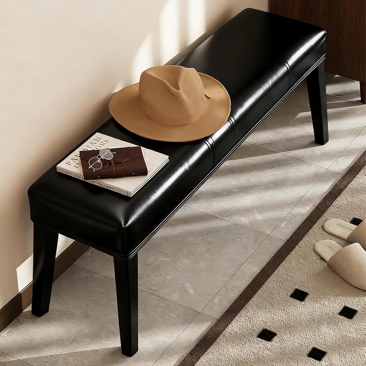PU Leather Soft Stretch Dining Bench Cover, Removable Washable Protector for Gray Living Room, Bedroom, Kitchen Bench
