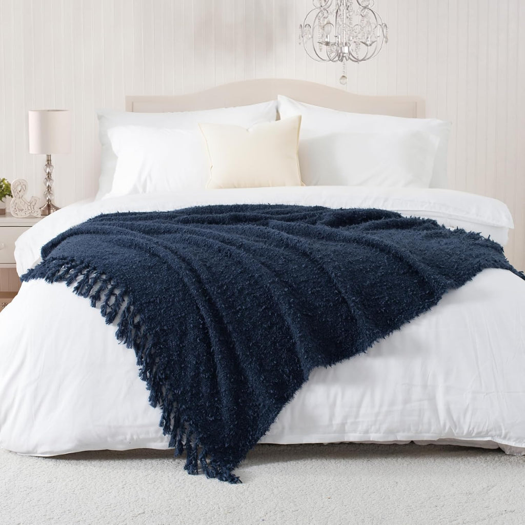 Winter Knit Throw Blanket Fluffy Fuzzy Soft Lightweight Cozy Farmhouse Tassels Chunky Knitted Throws for Couch Sofa Bed (Navy Blue, 50"x60")