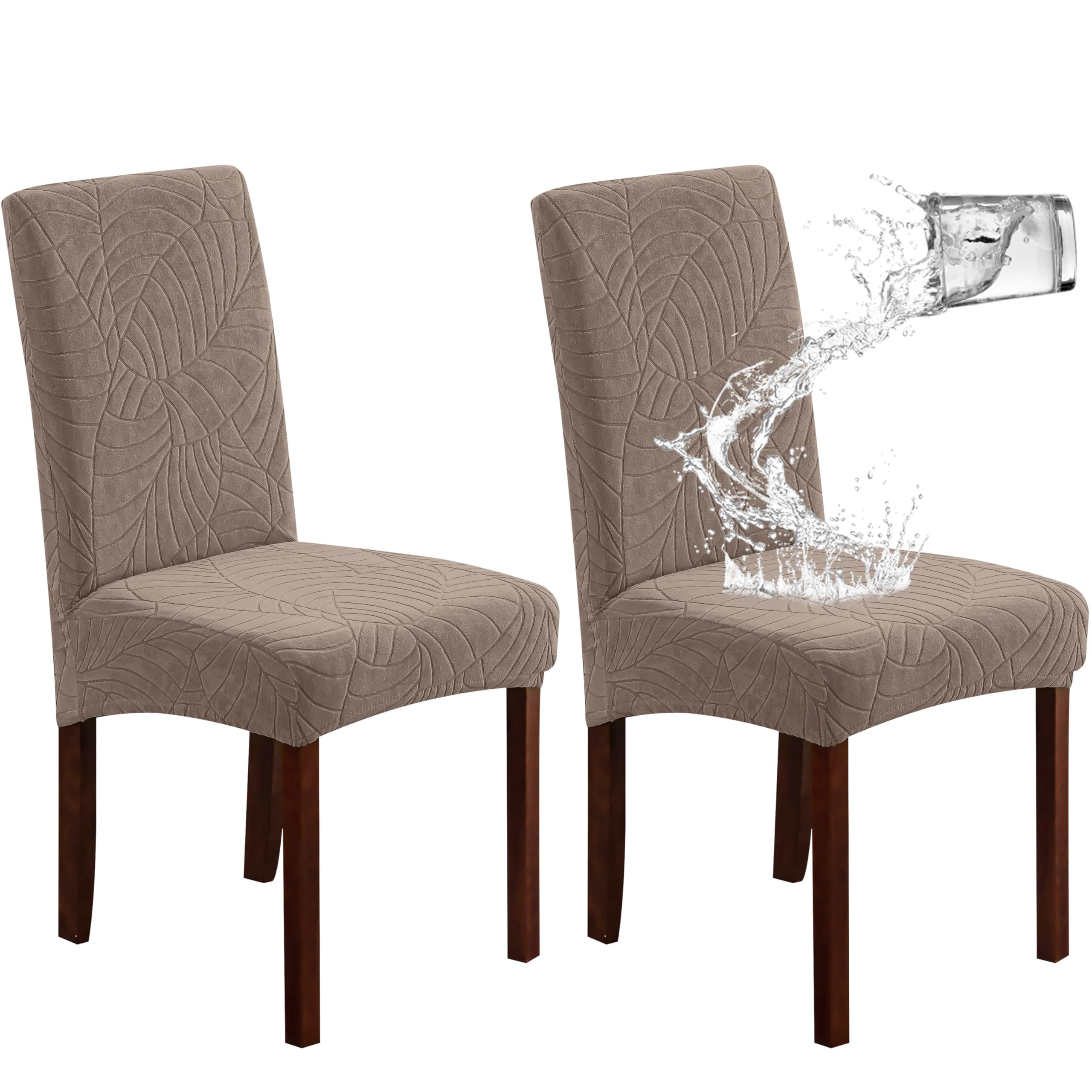 Genina 100% Waterproof Chair Covers for Dining Room Set of 4, Stretch Parson Chair Slipcovers for Kitchen Chairs, Washable Chair Protectors, Leaves-Warm Gray