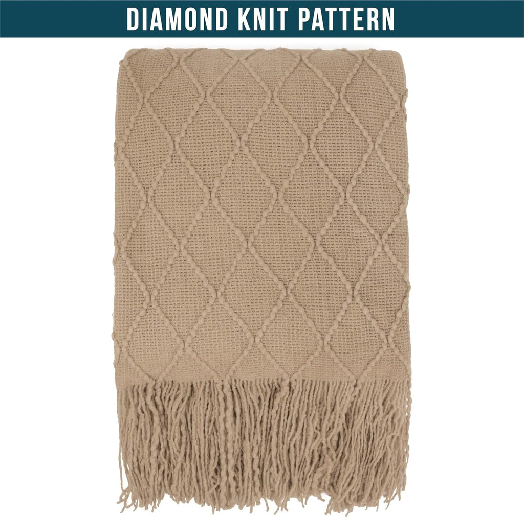 PAVILIA Tan Taupe Knit Throw Blanket for Couch Bed, Soft Knitted Farmhouse Sofa Throw for Living Room, Lightweight Decorative Fall Throw Blanket for Chair, Outdoor Textured Boho Blanket, 50x60