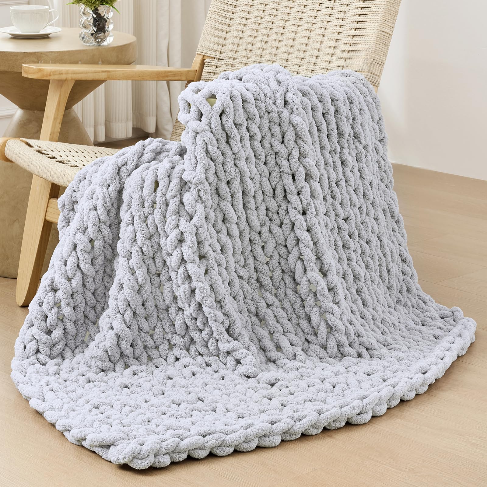 Bigacogo Chunky Knit Throw Blanket for Couch, 40x60 inches, 100% Hand Knitted with Thick Jumbo Chenille Yarn, Cozy Soft Large Rope Knot Cable Crochet Blankets for Sofa Bed Living Room, Beige