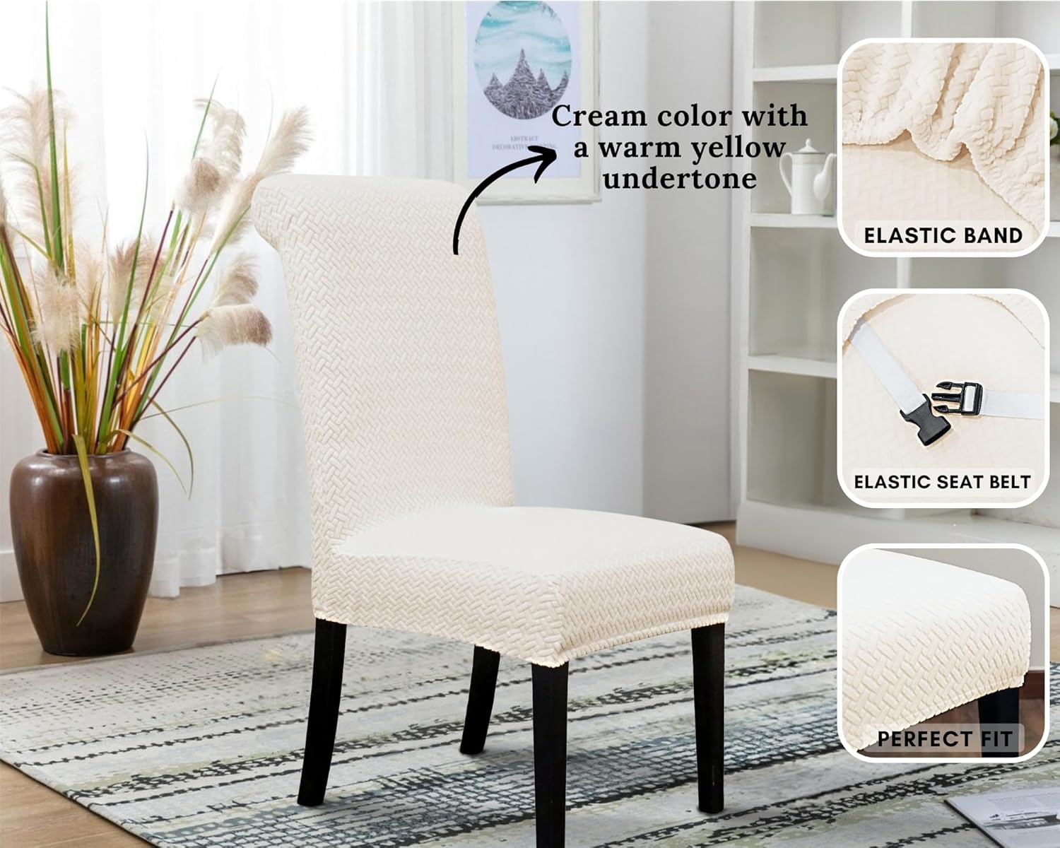 SPRINGRICO 4 Pack Dining Room Chair Covers with seat Belt, Stretch Parsons Chair Slipcover Washable Kitchen Dining Chair Cover Removable Seat Protector Set of 4, S3- Warm Cream