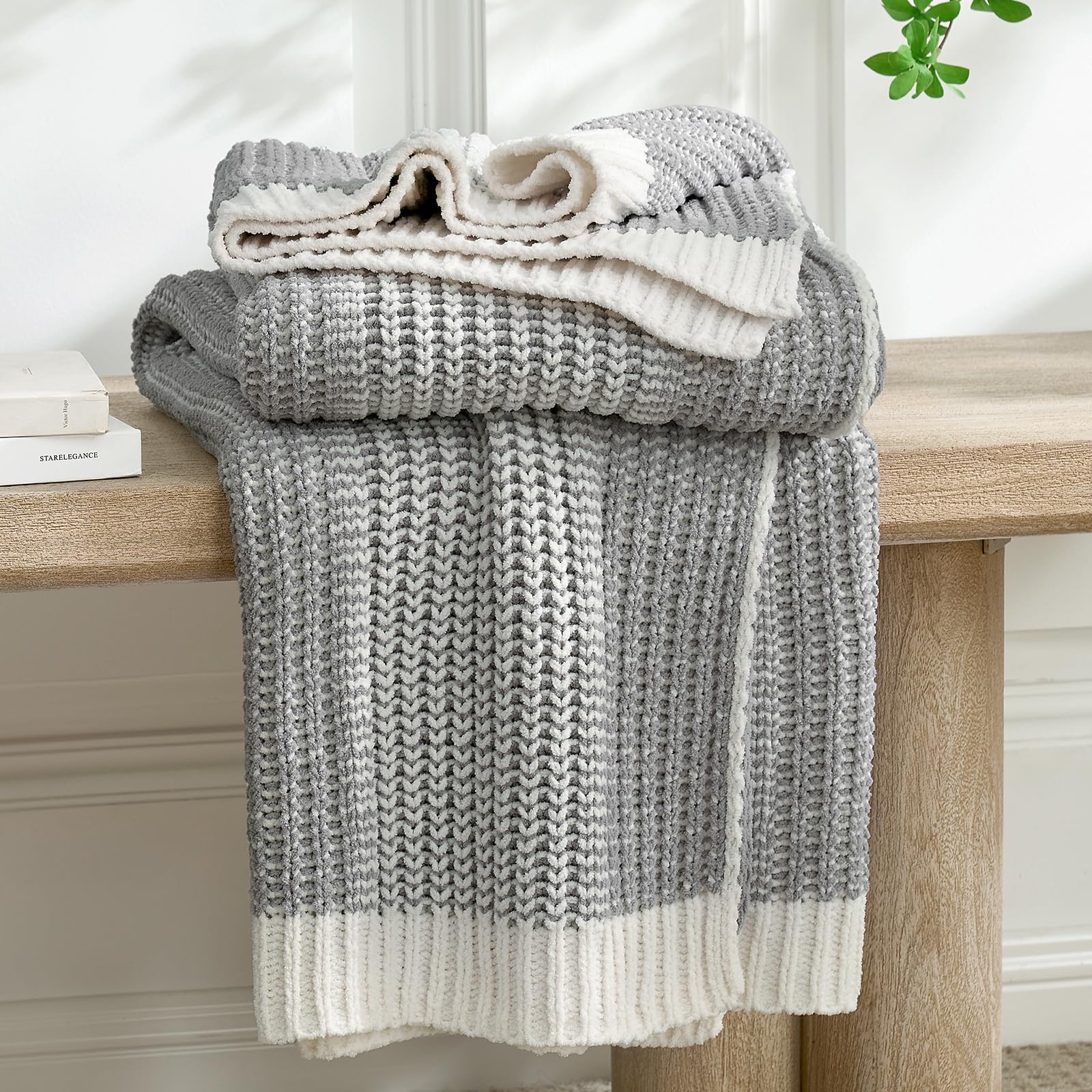 Amélie Home Premium Chenille Throw Blanket, Soft Cozy Luxury Two-Tone Knit Blanket for Couch, Sofa, Chair, Home Decor, Blue & Ivory 50"x60"