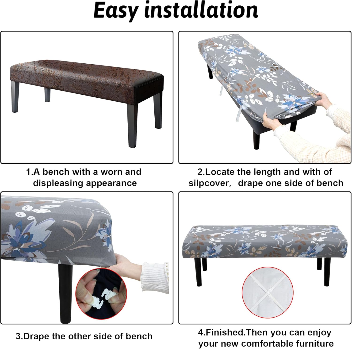 Stretch Bench Covers, Bench Seat Covers, Bench Cushions Covers, Printed Bench Seat Protector, Washable Bench Slipcover, Rectangle Bench Covers for Dining Room, Living Room, Kitchen (Flowers)