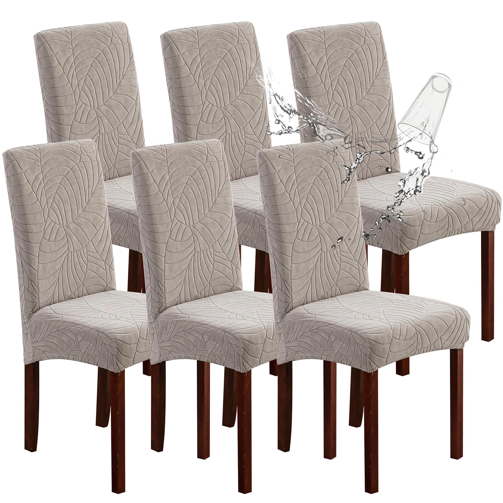 Genina Waterproof Chair Covers for Dining Room 6 Pack, Stretch Jacquard Dining Chair Cover Removable Washable Chair Protectors Cover for Kitchen, Home (Leaves-Warm Gray, 6 PCS)